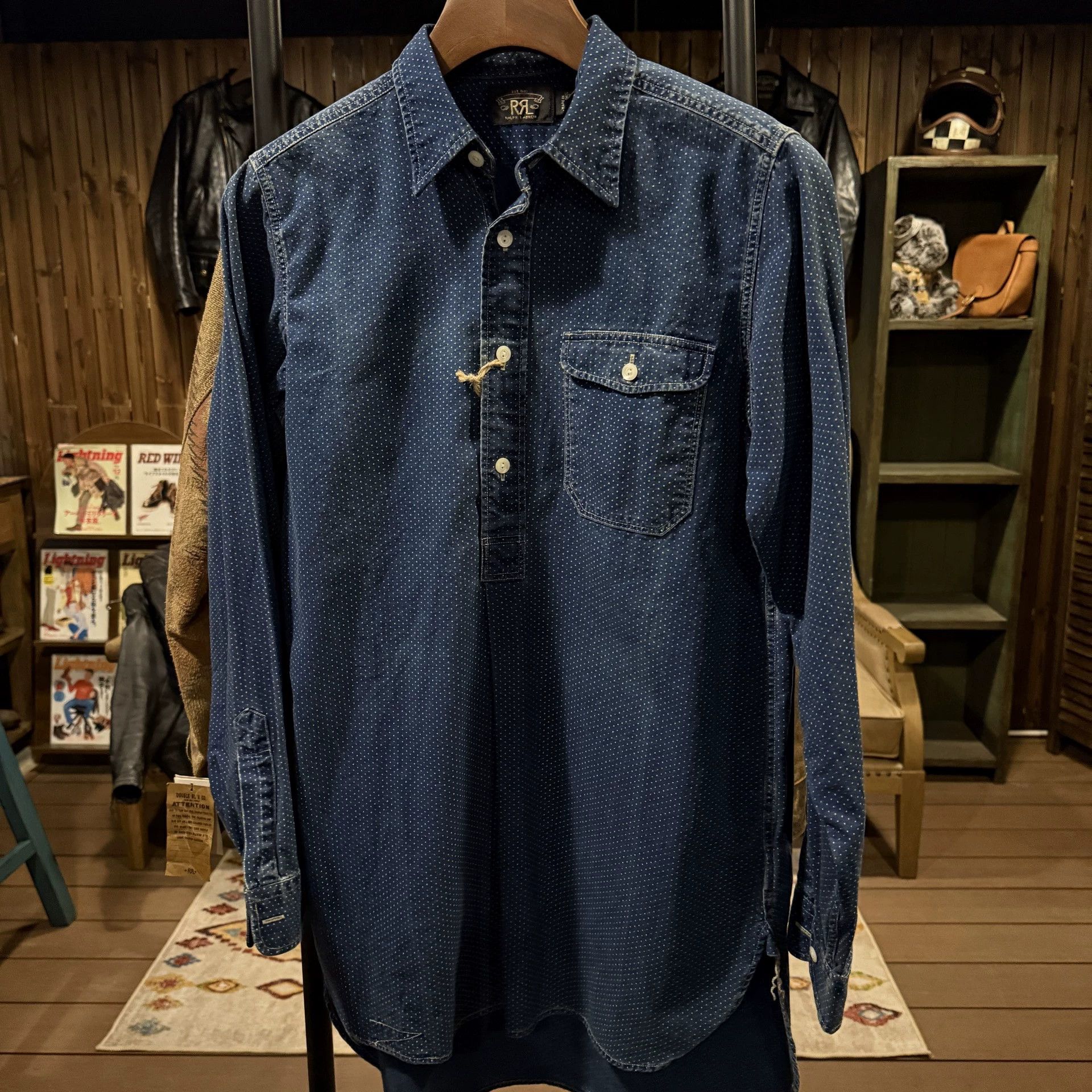 RRL Ralph Lauren indigo calico discharge print button down shirt