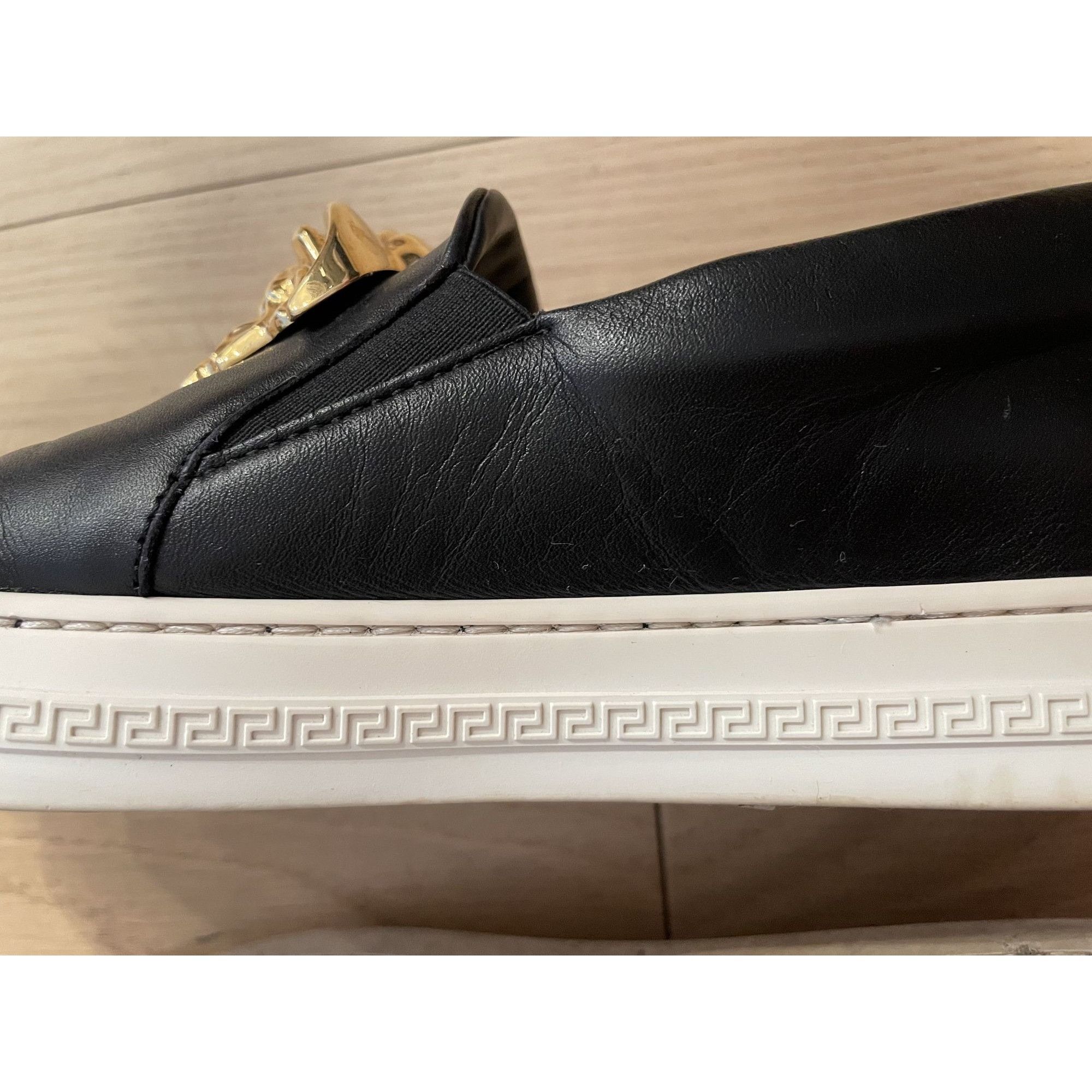 Versace Versace Black Leather Slip-On Sneakers With Gold Medusa Deta Size US 6.5 / EU 39-40 - 6 Thumbnail