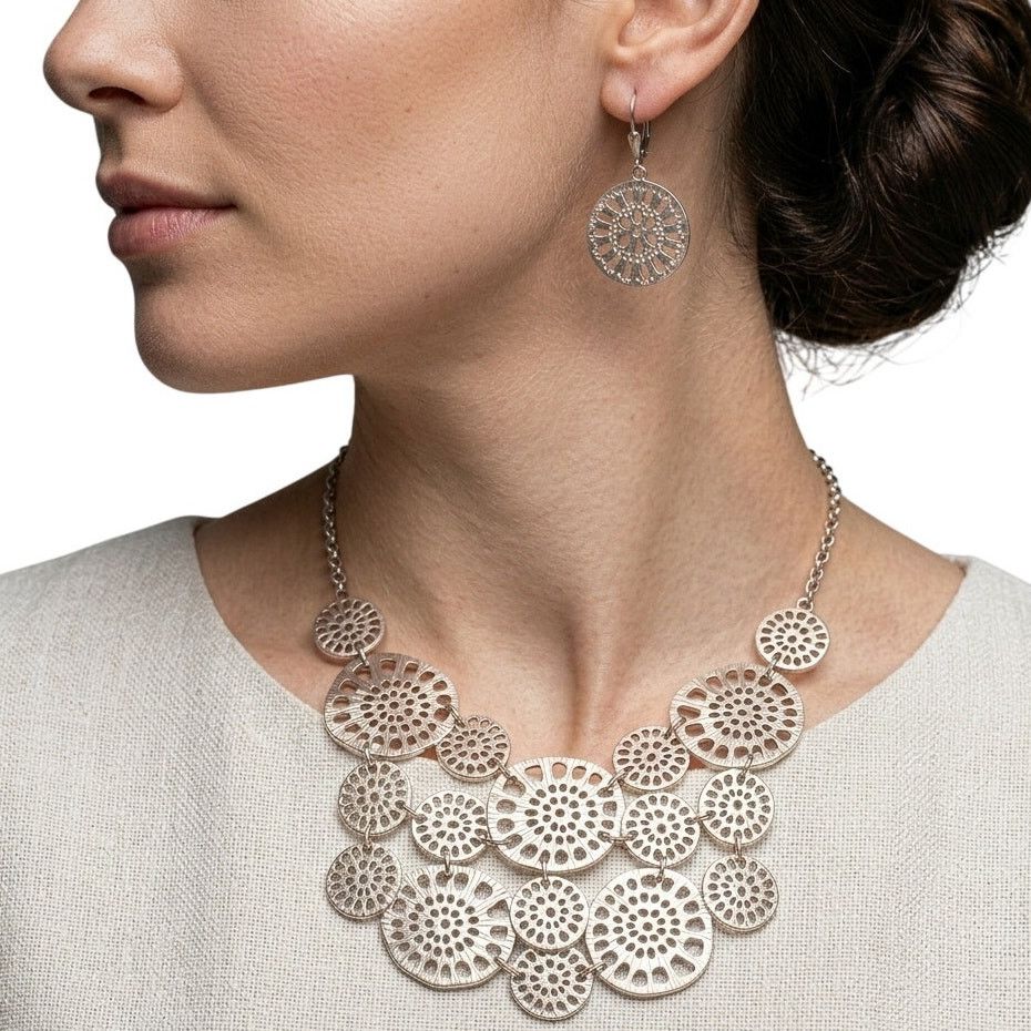 Other Sand Dollar Medallion Silver Statement Necklace Earrings Set Size ONE SIZE - 1 Thumbnail