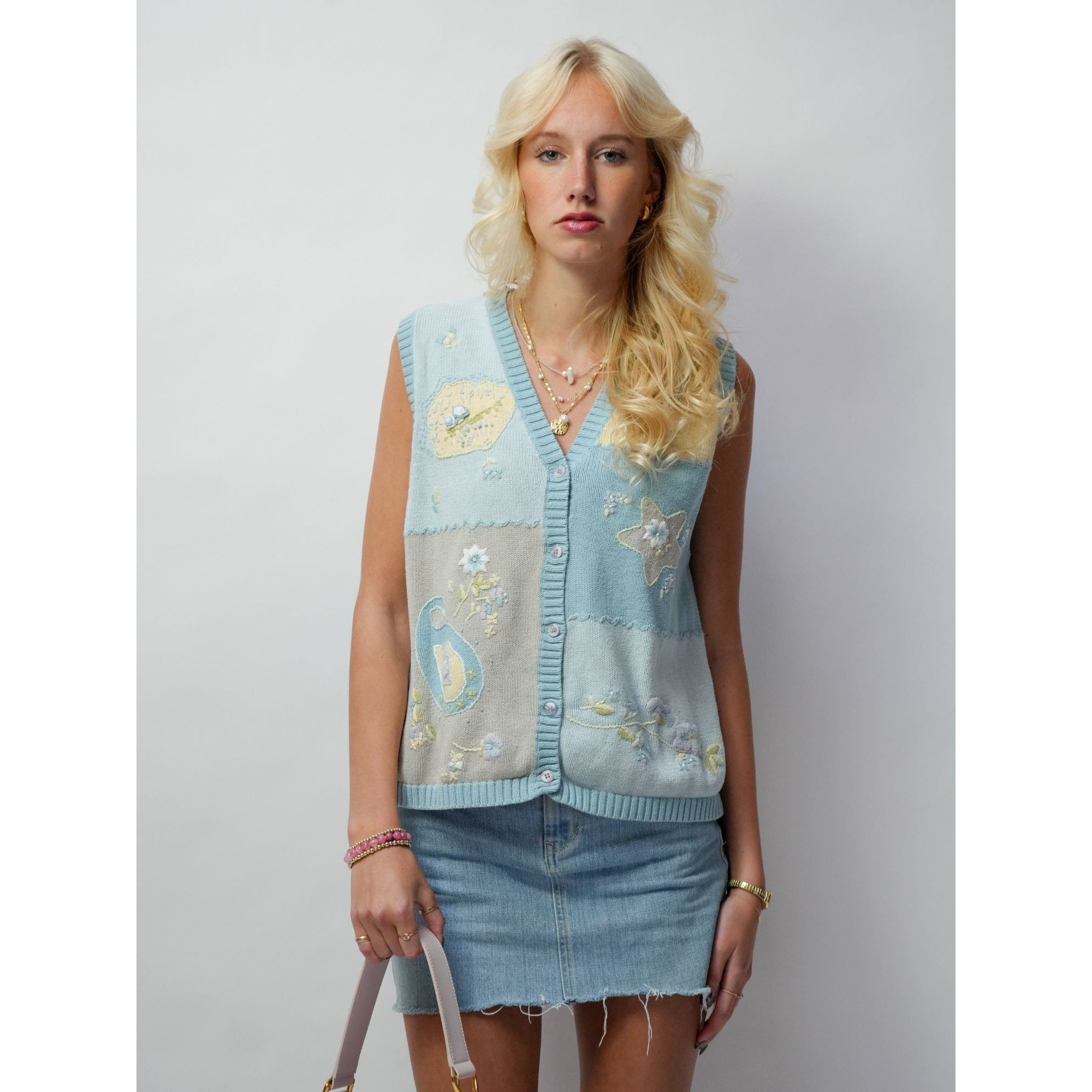 Other Vintage 90s Tabi Cute Blue Flowers Cardigan Sweater Size M / US 6-8 / IT 42-44 - 2 Thumbnail