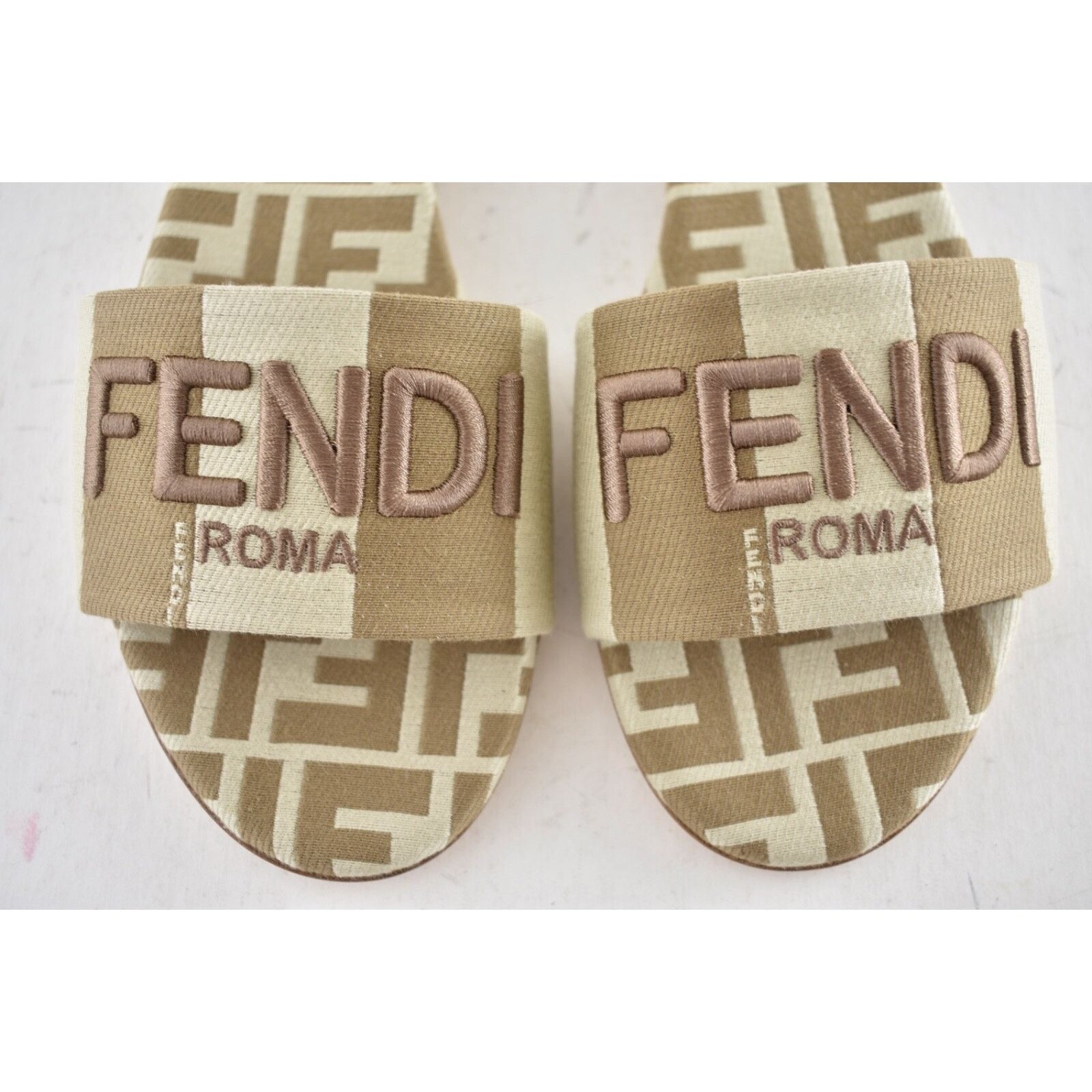 Fendi Fendi Beige Sand Striped FF Monogram Logo Mule Slide Flat Size US 8 / IT 38 - 10 Thumbnail