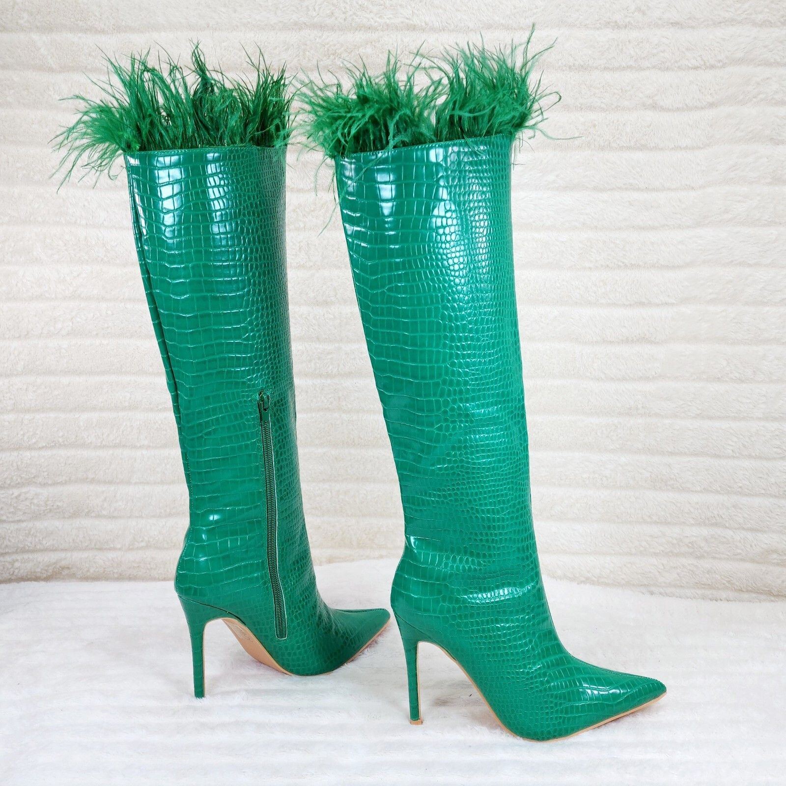 Flirty Green Snake Texture Knee High Heel Stiletto Boots Sex