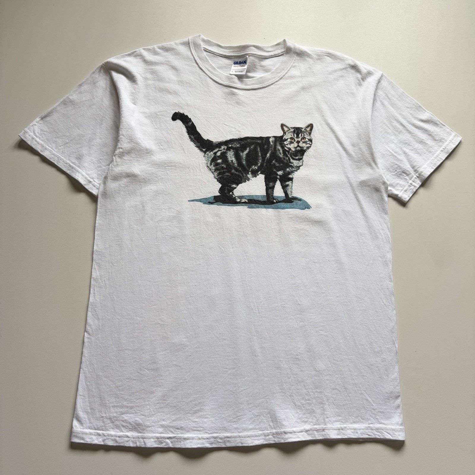 Vintage Cat Animal Art T Shirt Large White Y2K Gildan Rare