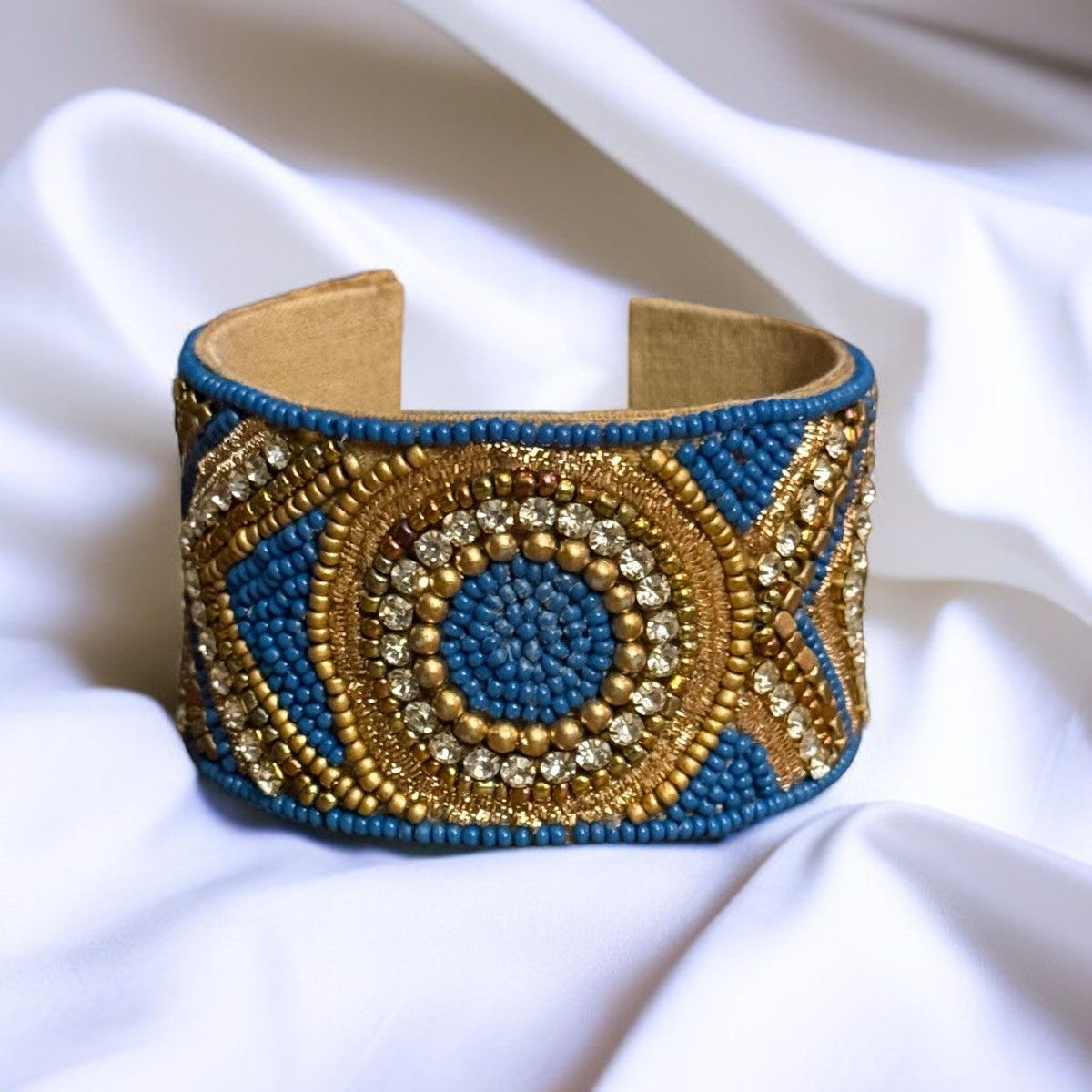 Other Handmade blue and gold beaded rhinestone wide cuff bracelet Size ONE SIZE - 1 Thumbnail