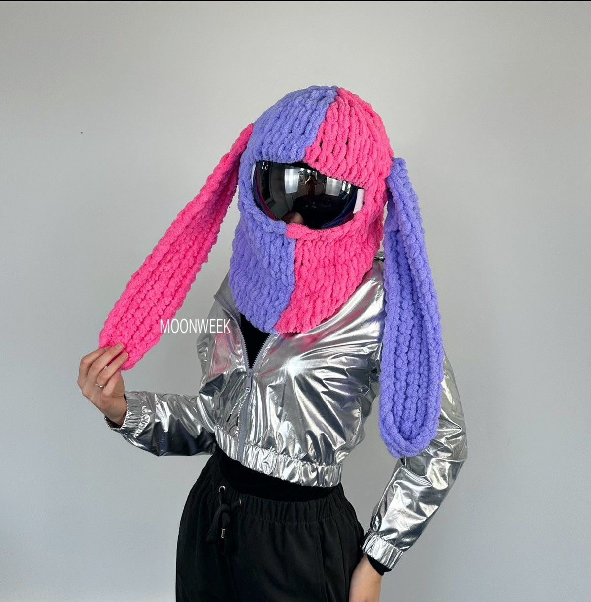 Handmade Bunny helmet cover balaclava with ears . Pink Ski mask Size ONE SIZE - 4 Thumbnail
