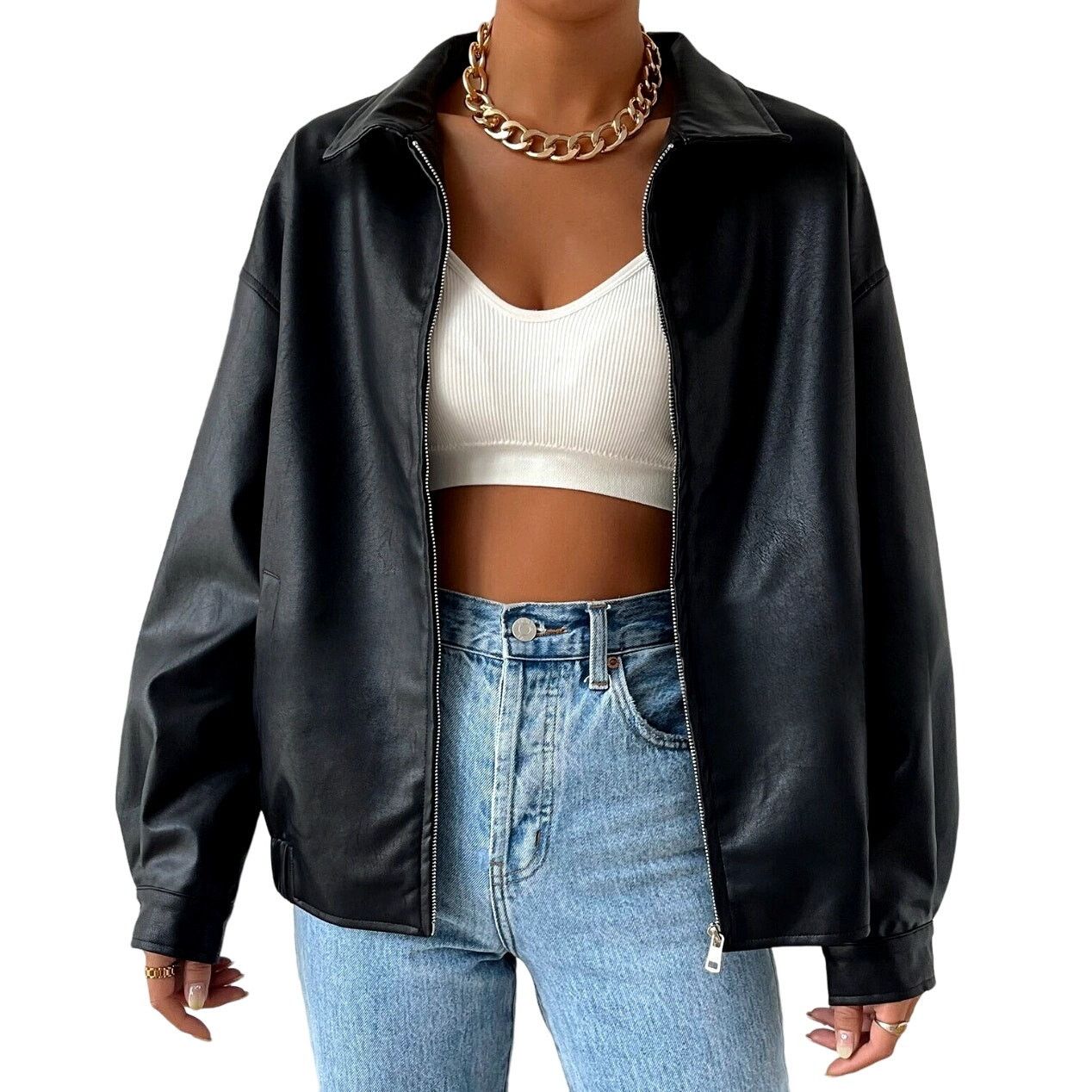 Shein Drop Shoulder Zip Up PU Cropped Leather Jacket Black, Size S Size S / US 4 / IT 40 - 1 Thumbnail