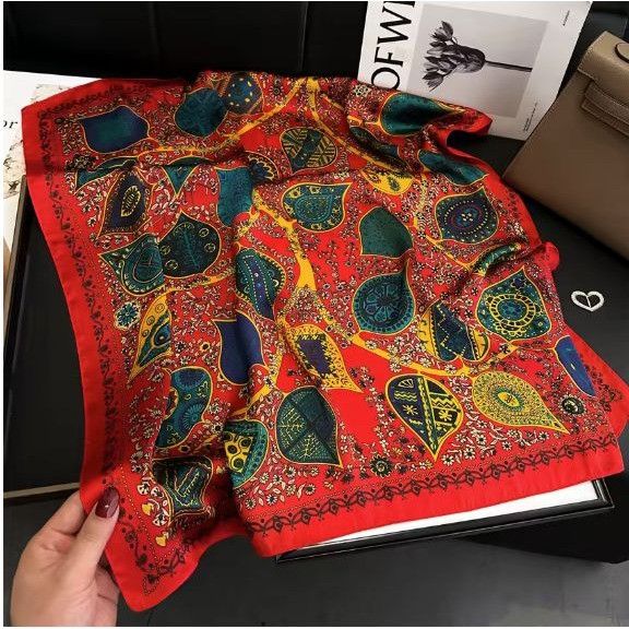 Other ✨New Elegant Bandana Square Scarf Silky Satin Red Floral Lea Size ONE SIZE - 6 Thumbnail