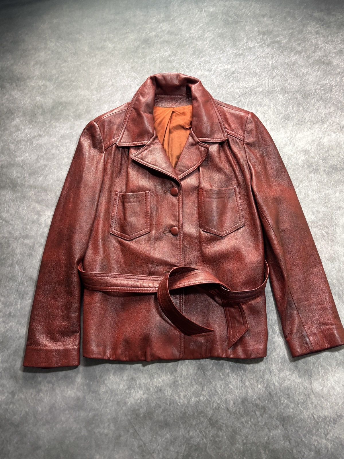 Vintage 70s Vintage Leather Jacket Belted Cropped Red Olympic Womens Size XXL / US 16-18 / IT 52-54 - 2 Thumbnail