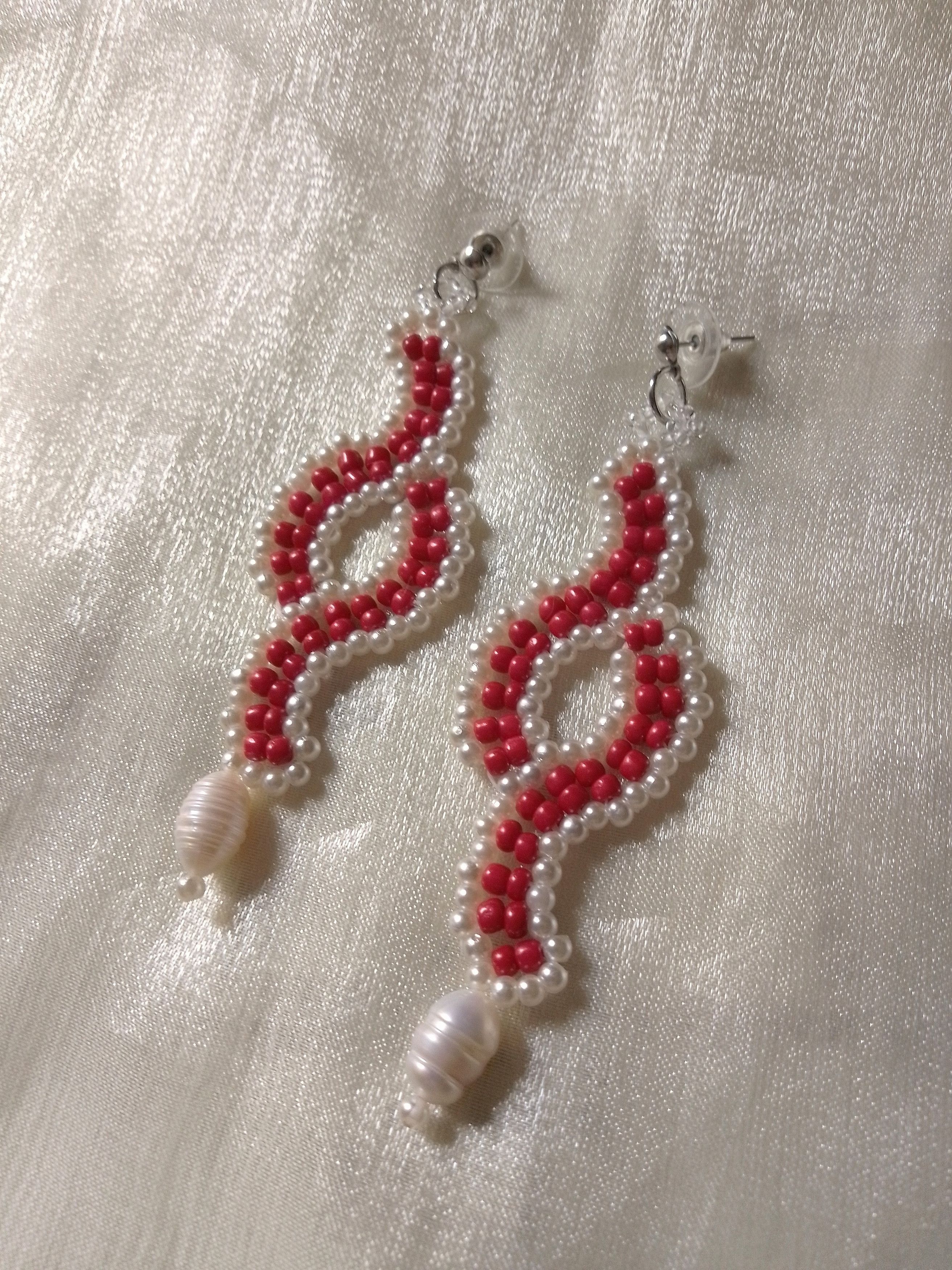 Handmade Long earrings red beaded with Freshwater pearls dangling Size ONE SIZE - 2 Thumbnail