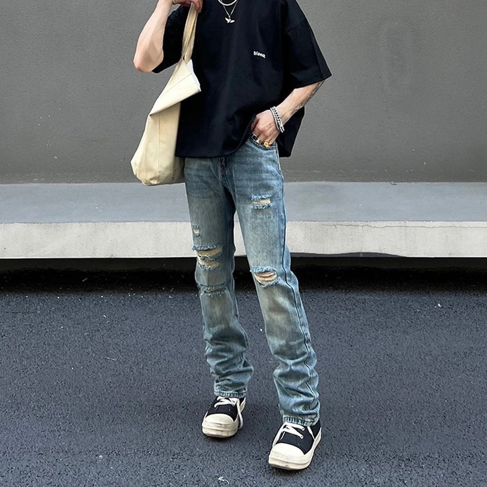 Japanese Brand × Vintage Ripped Jeans Men Summer Slim Streetwear Blue Casual Fashion Size US 31 - 4 Thumbnail