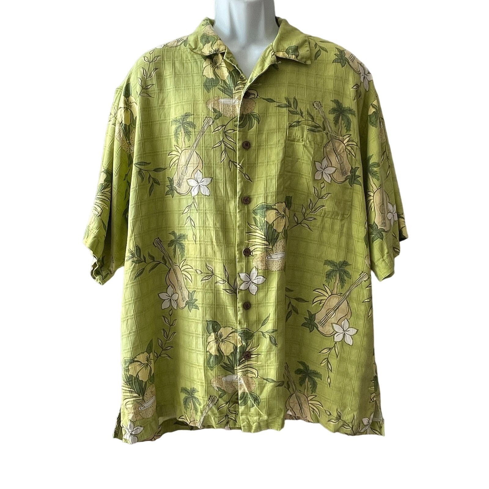 Tommy Bahama Tommy Bahama Green Guitar Pattern Silk Camp Shirt Size XL Size US XL / EU 56 / 4 - 1 Thumbnail