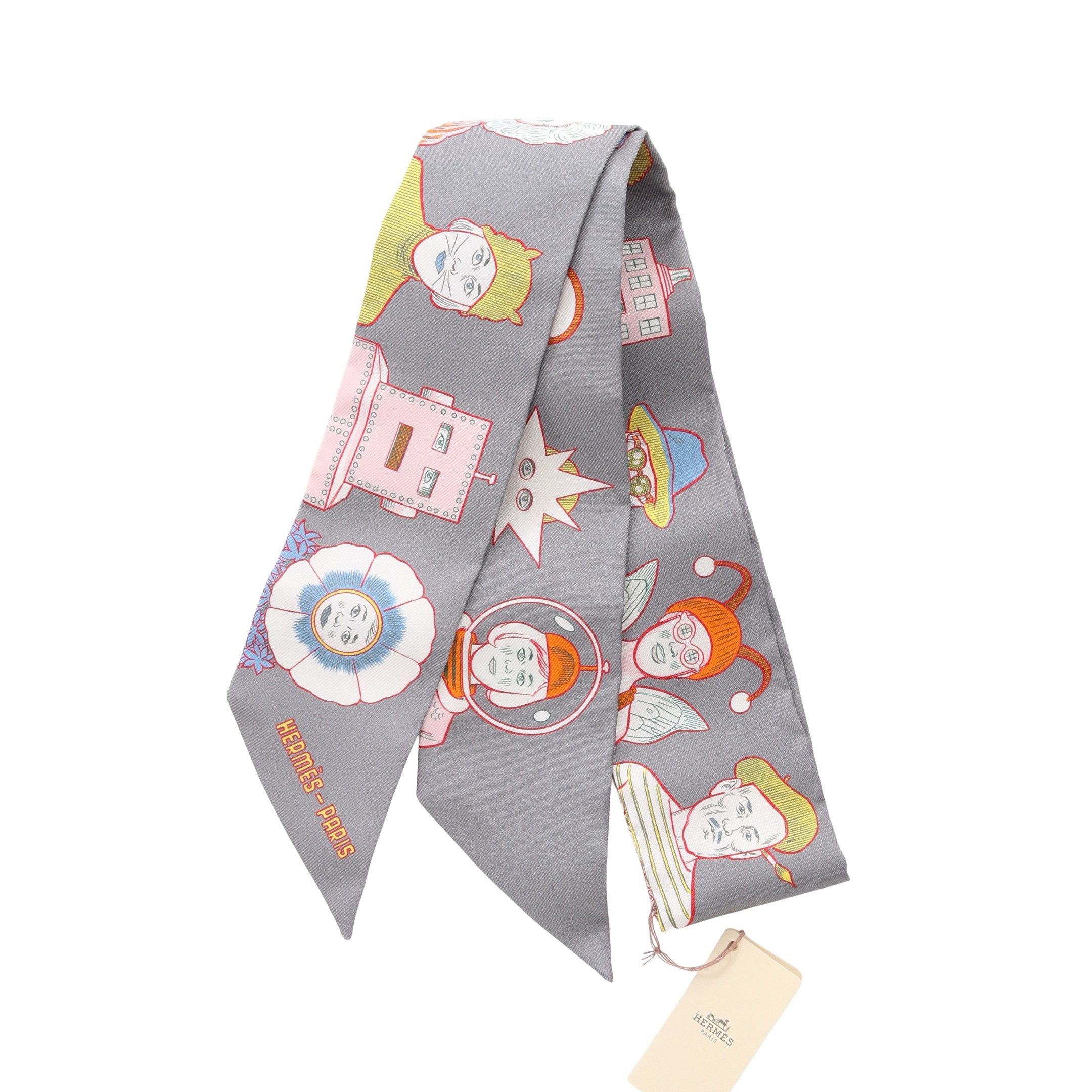 Hermes Twilly Dress Code Ribbon Scarf Silk Gray Multicolor