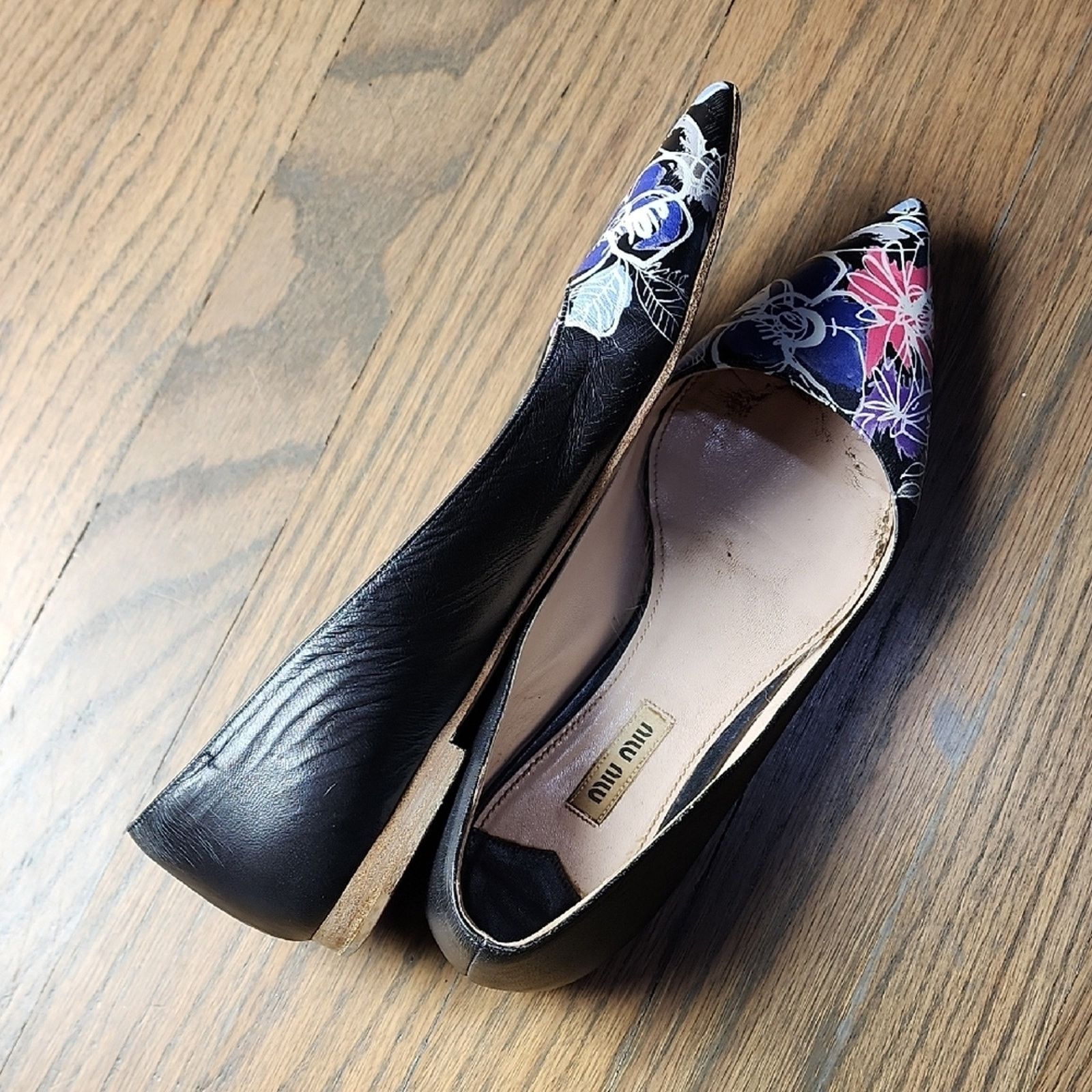 Miu Miu Miu Miu Black and Purple Floral Pointed Flats Size US 8.5 / IT 38.5 - 4 Thumbnail