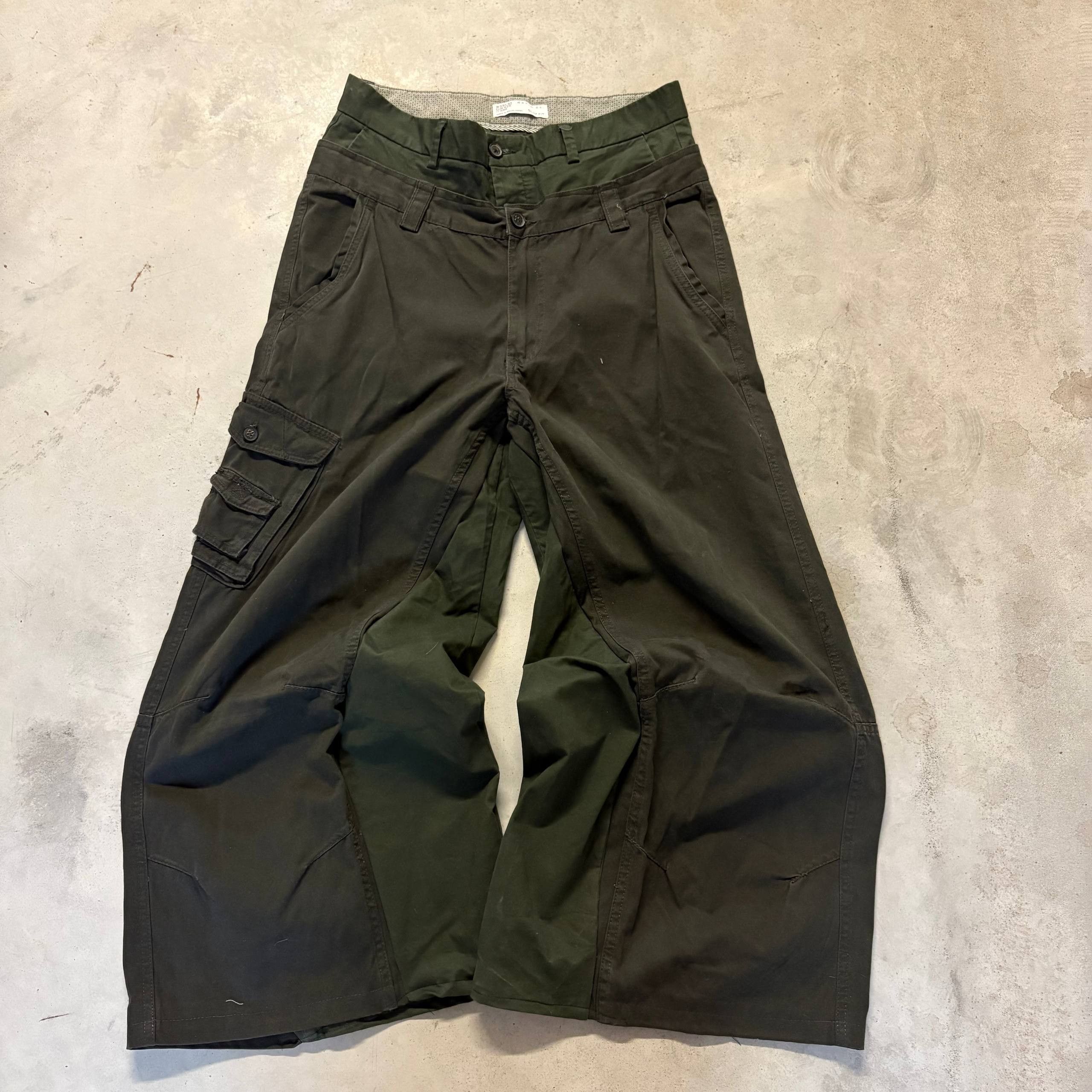 Japanese Brand Dark Green Wide Double Waist Cargo Pants – Handmade Baggy Size US 33 - 4 Thumbnail