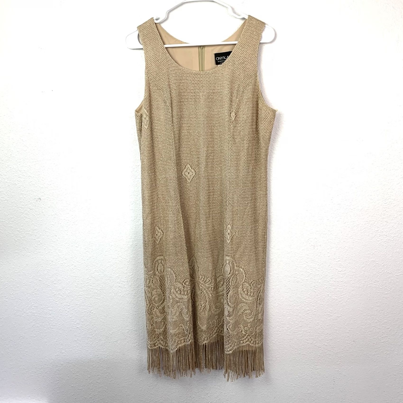 Vintage VINTAGE Onyx Nite by Wendy Chaitin Dress Cardigan Set Women 14 Beige Gold Fringe Lace Knit Open Lightweight Formal Party/Cocktail Wedding Guest Size XL / US 12-14 / IT 48-50 - 6 Thumbnail