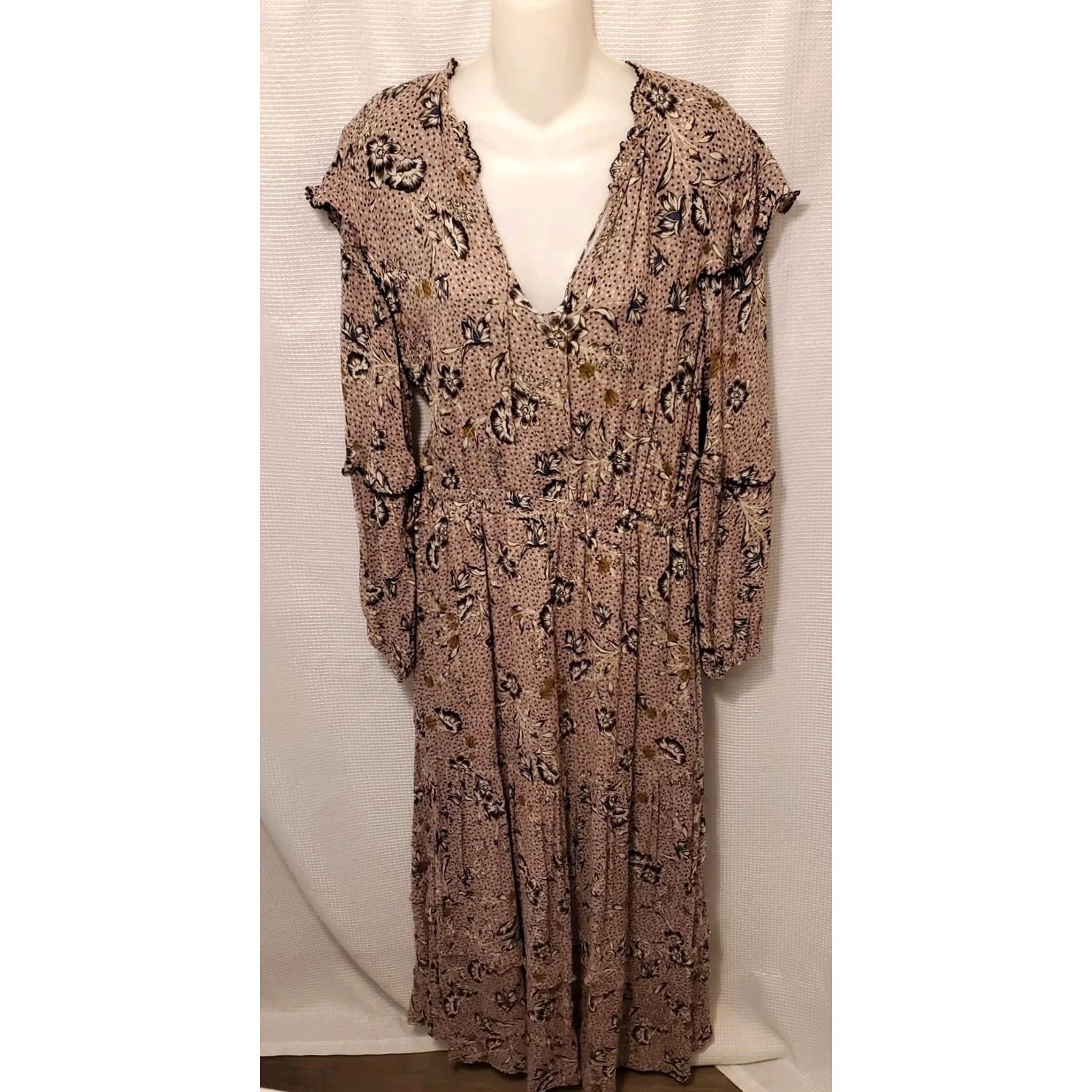 Anthropologie Dolan Anthropologie Maxi Dress Floral Tiered Ruffle Lace-Trim Beige Long Sleeve Boho L Large Womens Size L / US 10 / IT 46 - 2 Thumbnail
