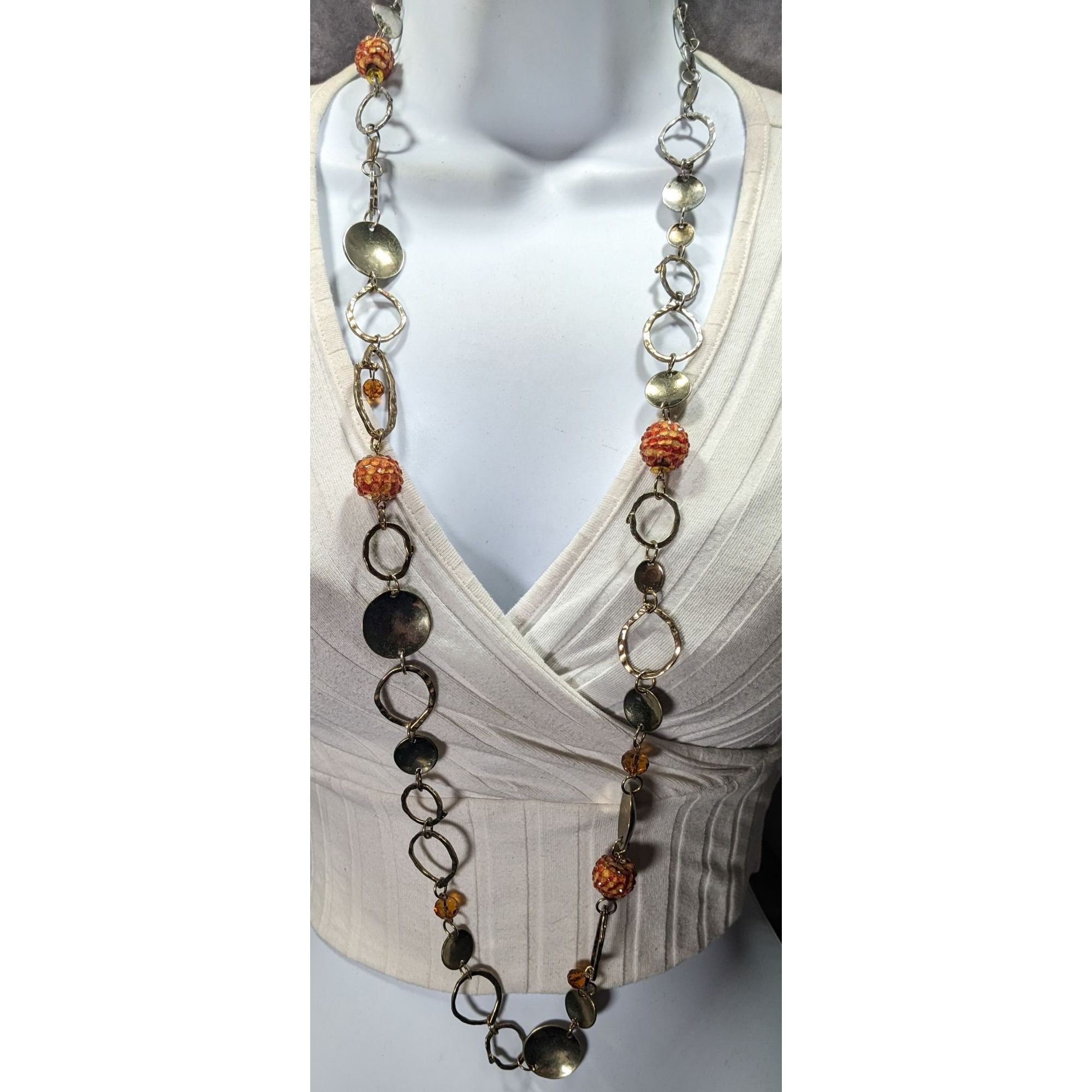 Other Retro Orange Beaded Silver Tone Link Opera Necklace Size ONE SIZE - 2 Thumbnail
