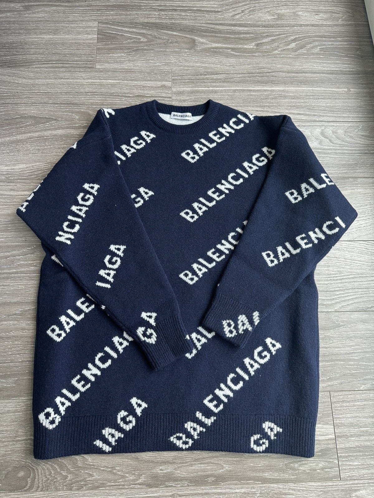 image of Balenciaga All Over Print Oversized Sweater in Navy, Men's (Size XS)