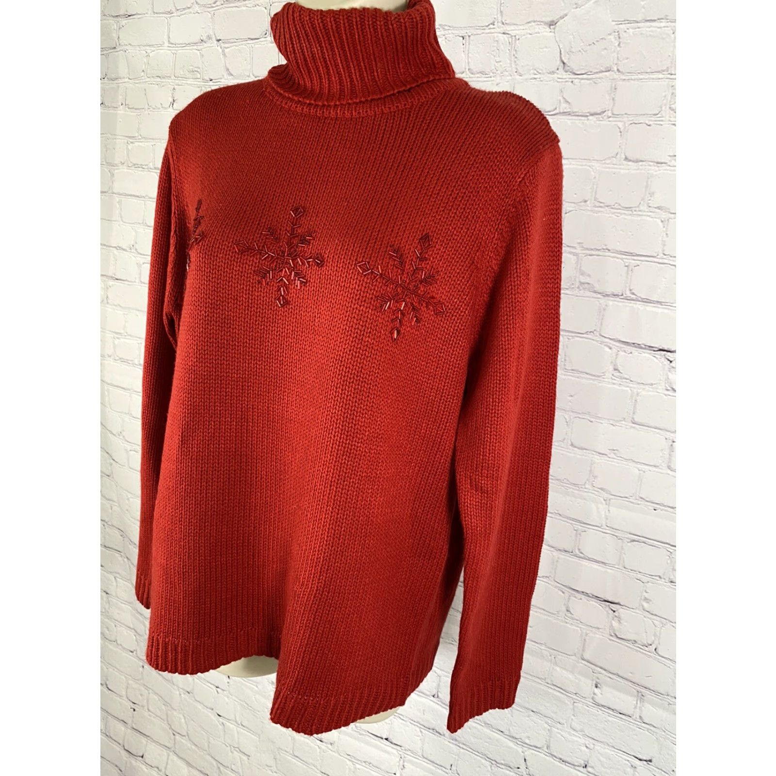 Cherokee VINTAGE Cherokee Collection Red Cable Knit Beaded Snowflake Turtleneck Sweater M Women Size M / US 6-8 / IT 42-44 - 3 Thumbnail