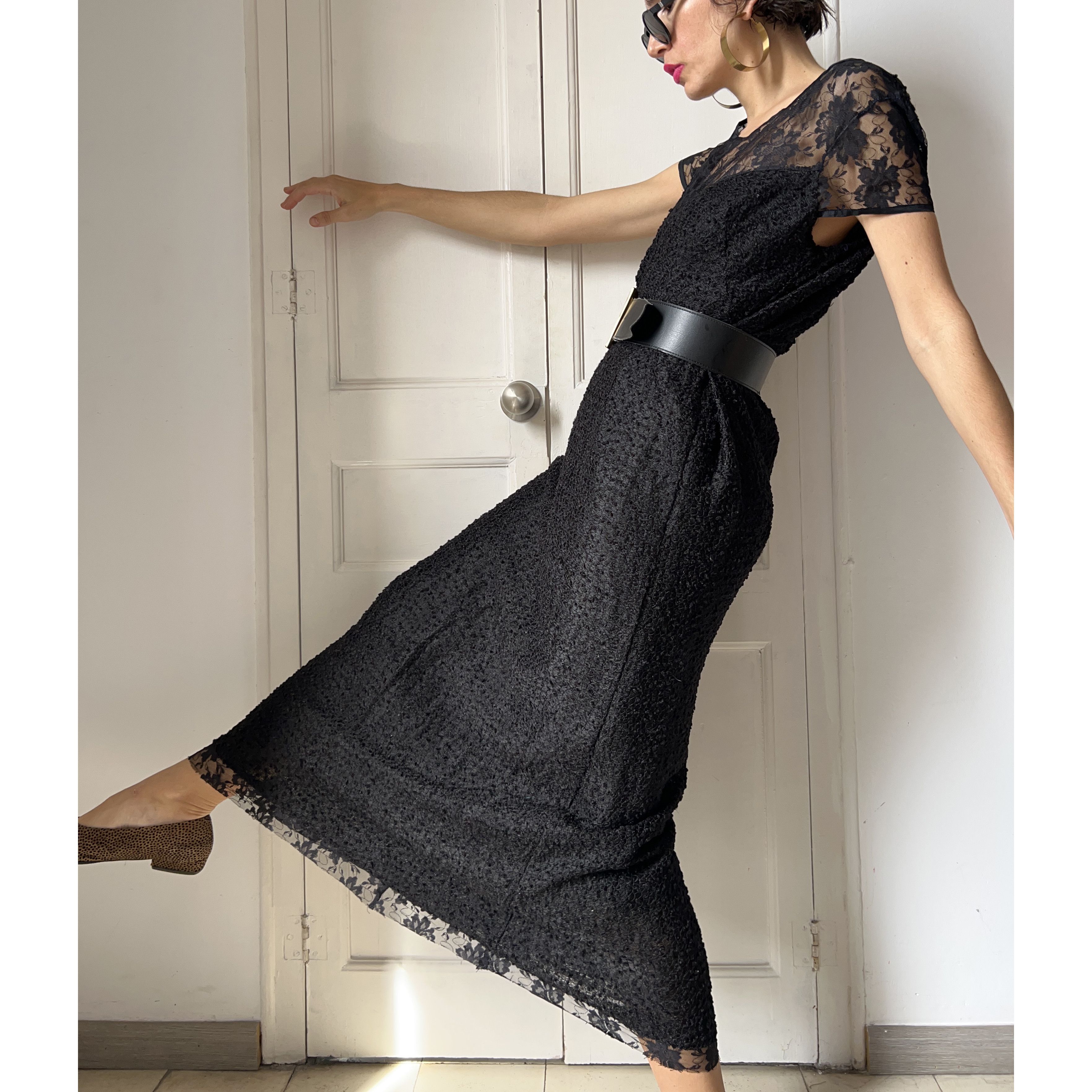Vintage Vintage 90s Black Bouclé Lace Maxi Dress Size M / US 6-8 / IT 42-44 - 6 Thumbnail