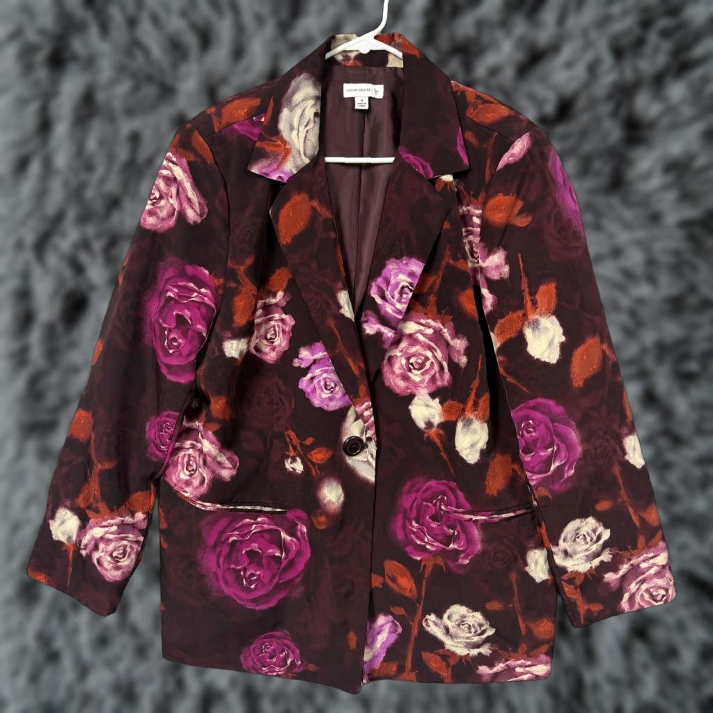Vintage SUSAN GRAVER Blazer Womens 1X Plus Burgundy Floral Office Chic Bohemian Gothic Pattern Blazer Jacket Size XL / US 12-14 / IT 48-50 - 1 Thumbnail