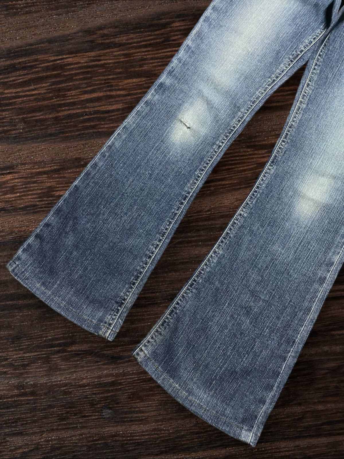 Japanese Brand Vintage Edwin Something Faded Wash Distressed Flare Jeans Size US 28 / EU 44 - 5 Thumbnail