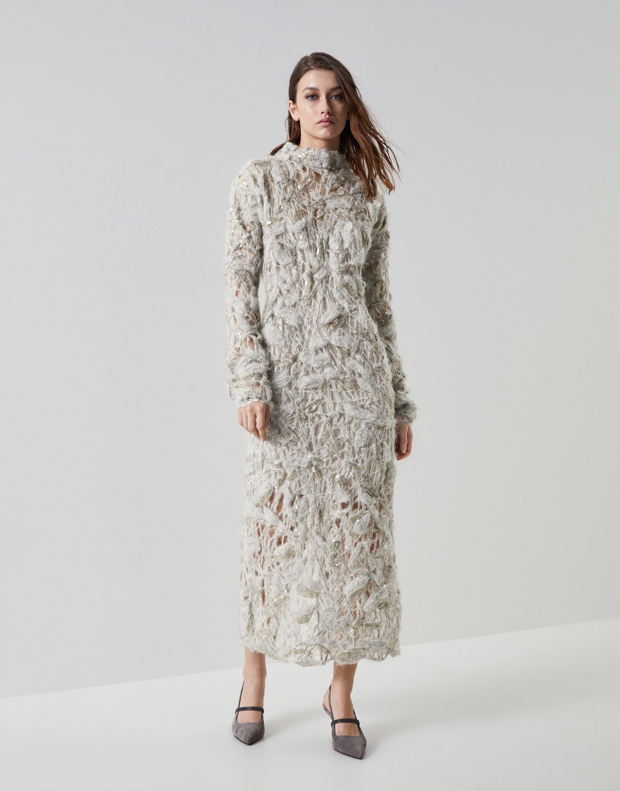Brunello Cucinelli o1la1rc1a0225 Dress With Fur Details in Light Grey Size S / US 4 / IT 40 - 1 Thumbnail