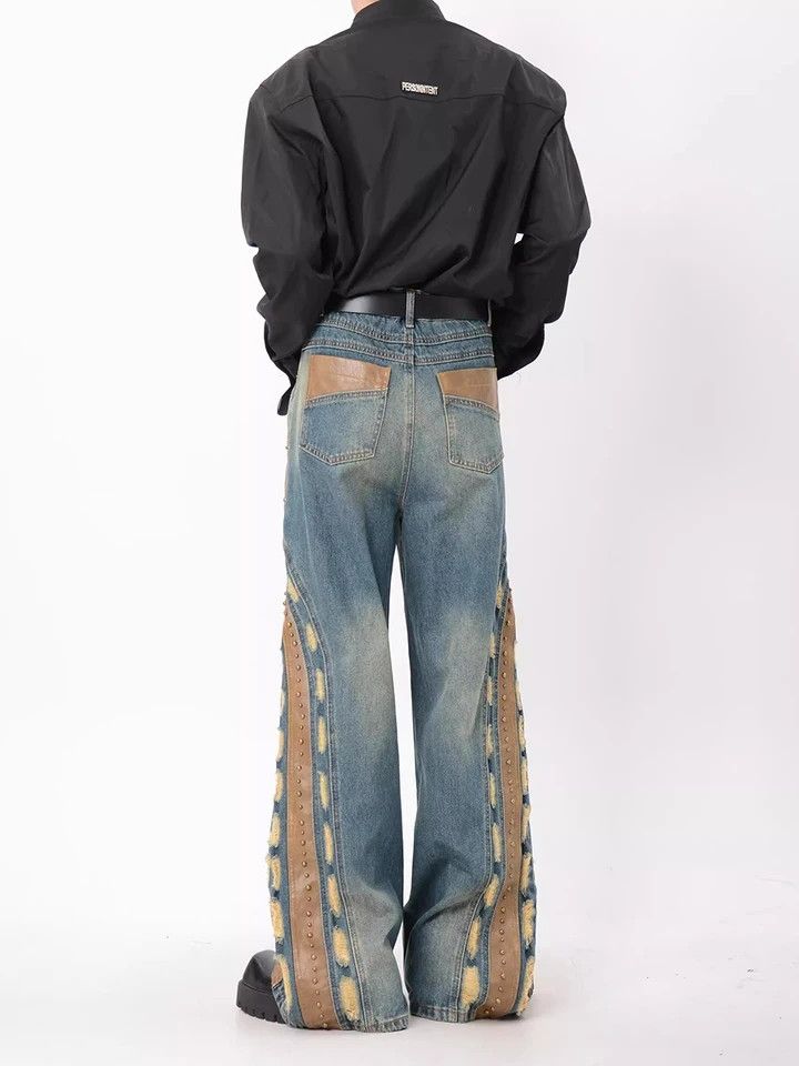 Japanese Brand × Jean Studded baggy jeans leather patchwork distressed Size US 28 / EU 44 - 5 Thumbnail