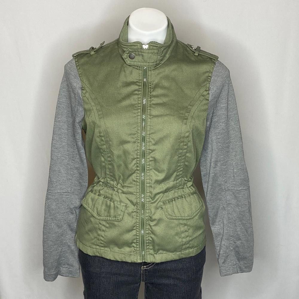 Designer Therapy Olive & Grey Cotton Cinch Waist Moto Jacket, L Size L / US 10 / IT 46 - 2 Thumbnail