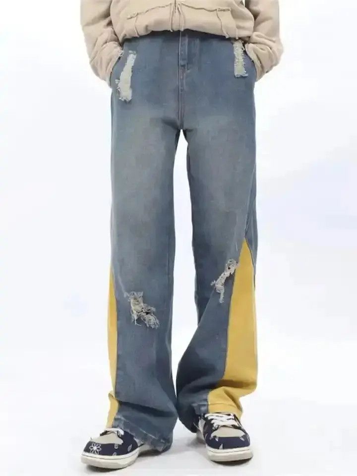 Japanese Brand Y2K Fashion Contrast Color Spliced Baggy Ripped Jeans Size US 32 / EU 48 - 6 Thumbnail