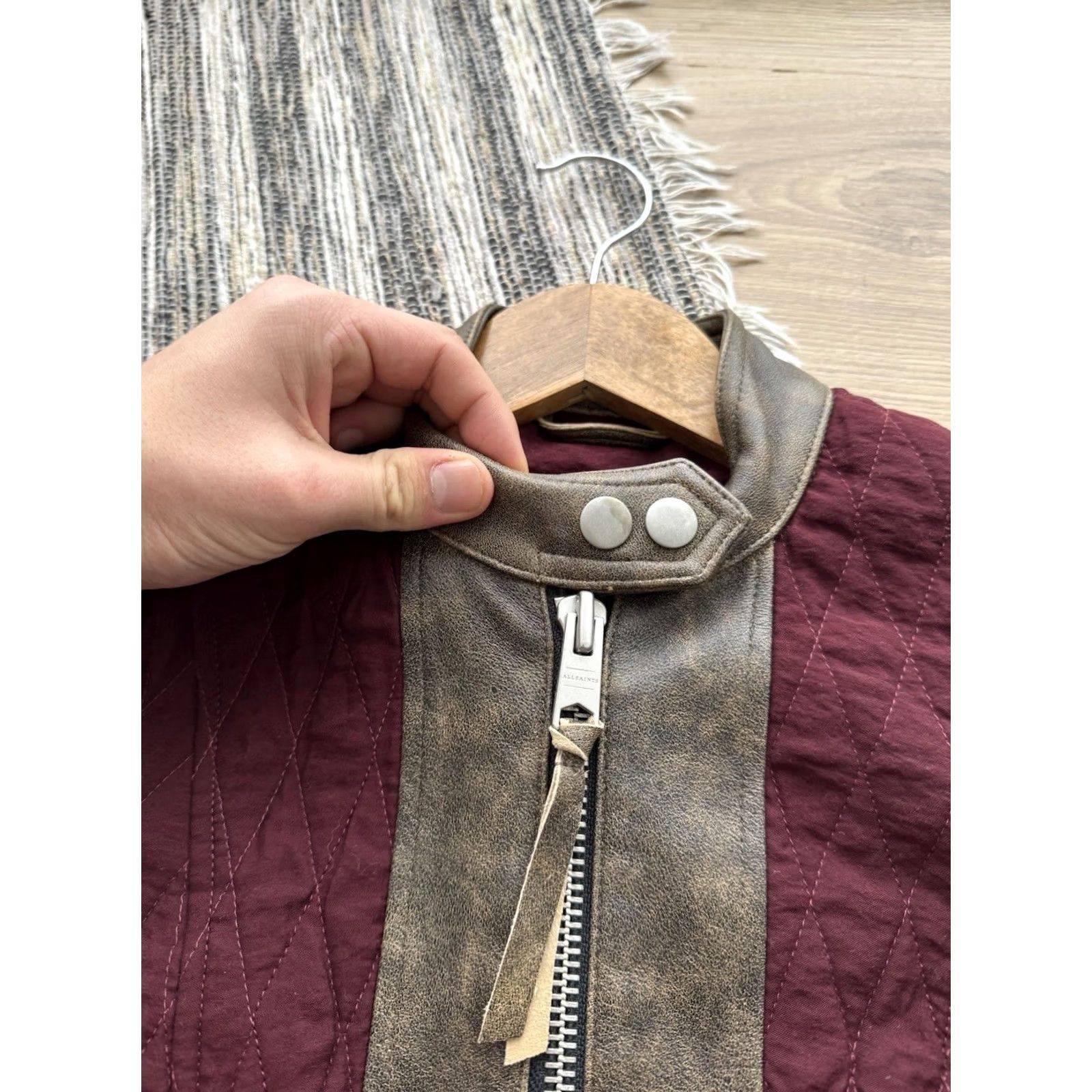 Allsaints VINTAGE AllSaints Womens Cross Biker Quilted Satin Moto Burgundy Jacket XS Size XS / US 0-2 / IT 36-38 - 7 Thumbnail