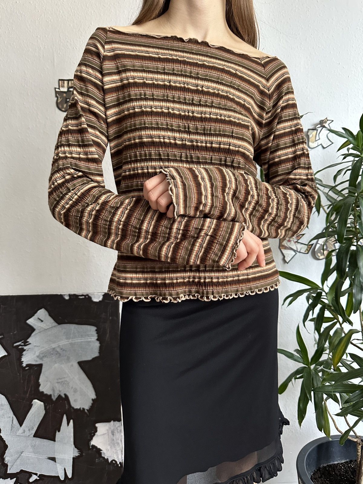 Beauty Beast × Japanese Brand Boho Crop Scrunchy Stripe Bell Sleeve Shouldered Top Size ONE SIZE - 6 Thumbnail