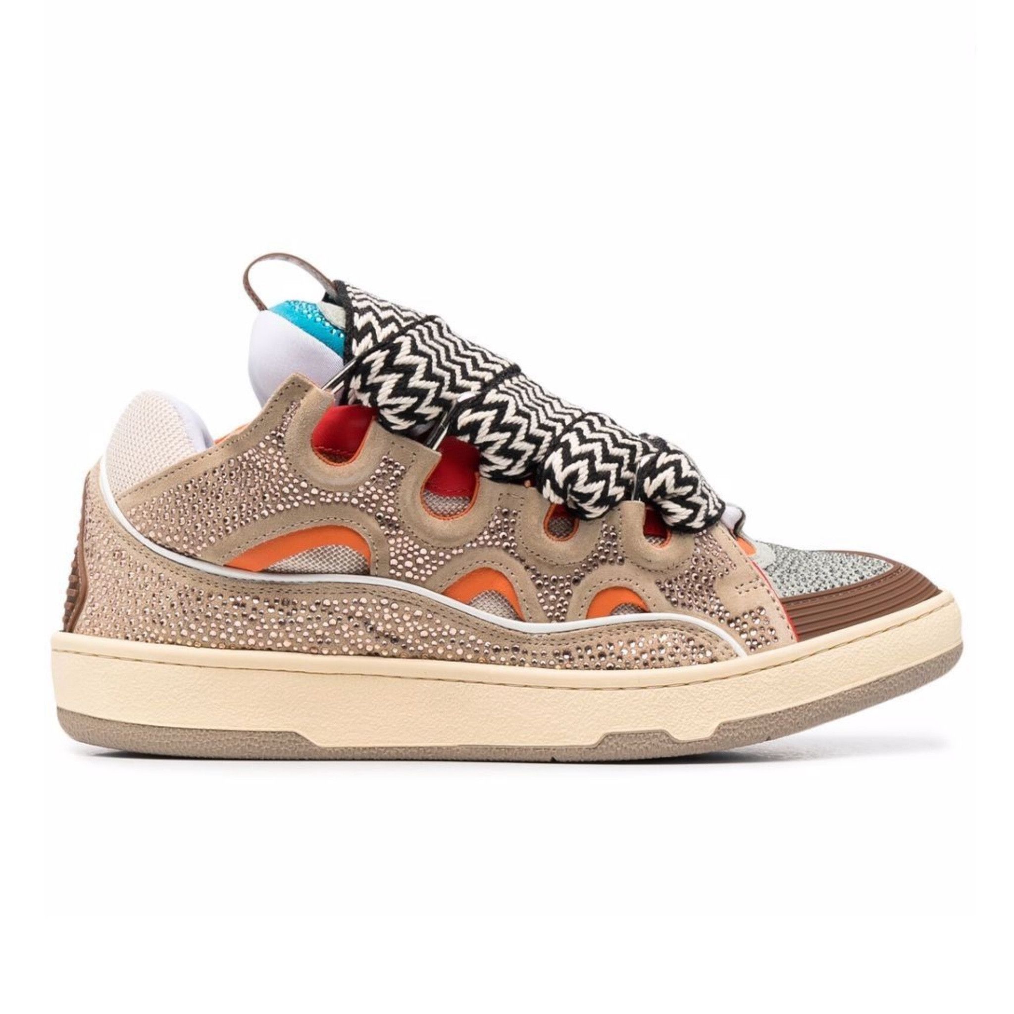 Strass Leather Curb Sneaker Beige Brown Multi