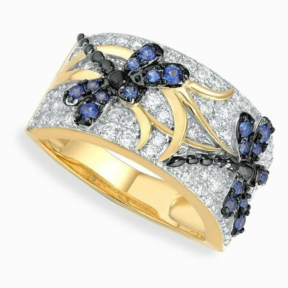Designer Blue Dragonfly Inlaid Crystal Gold Ring - Size 6 Size ONE SIZE - 5 Thumbnail