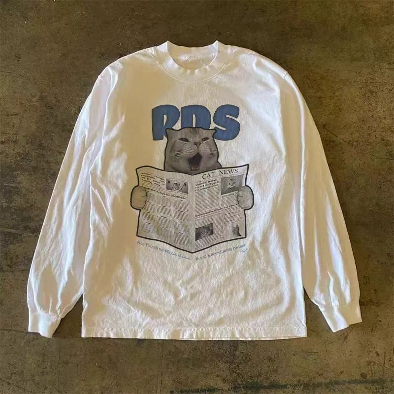 Vintage White casual retro cat print long-sleeved t-shirt Size US M / EU 48-50 / 2 - 1 Thumbnail