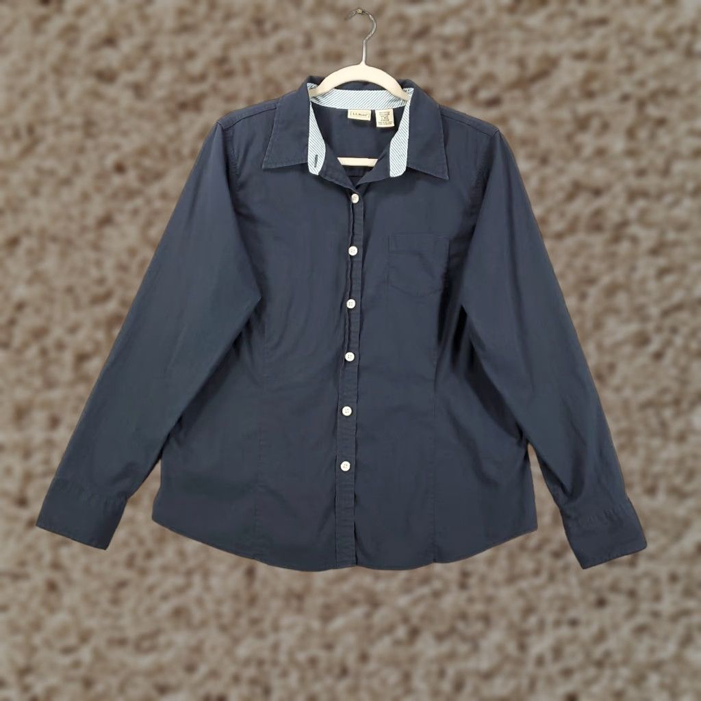Vintage LL Bean Womens Button Up Top L Navy Blue Long Sleeve Stretch Blouse Size L / US 10 / IT 46 - 1 Thumbnail