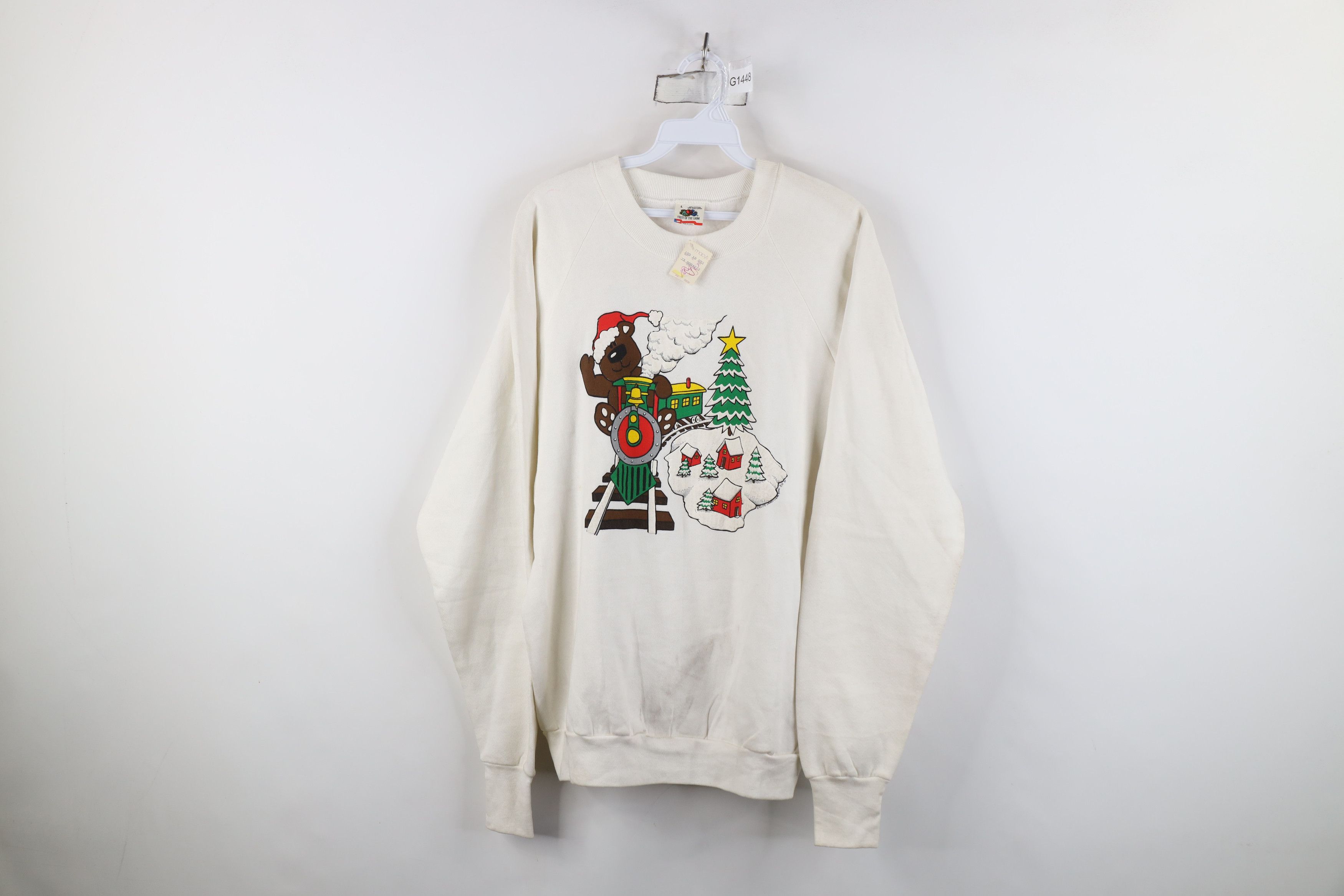 Fruit Of The Loom Deadstock Vintage 80s Christmas Bear Train Sweatshirt USA Size L / US 10 / IT 46 - 1 Thumbnail