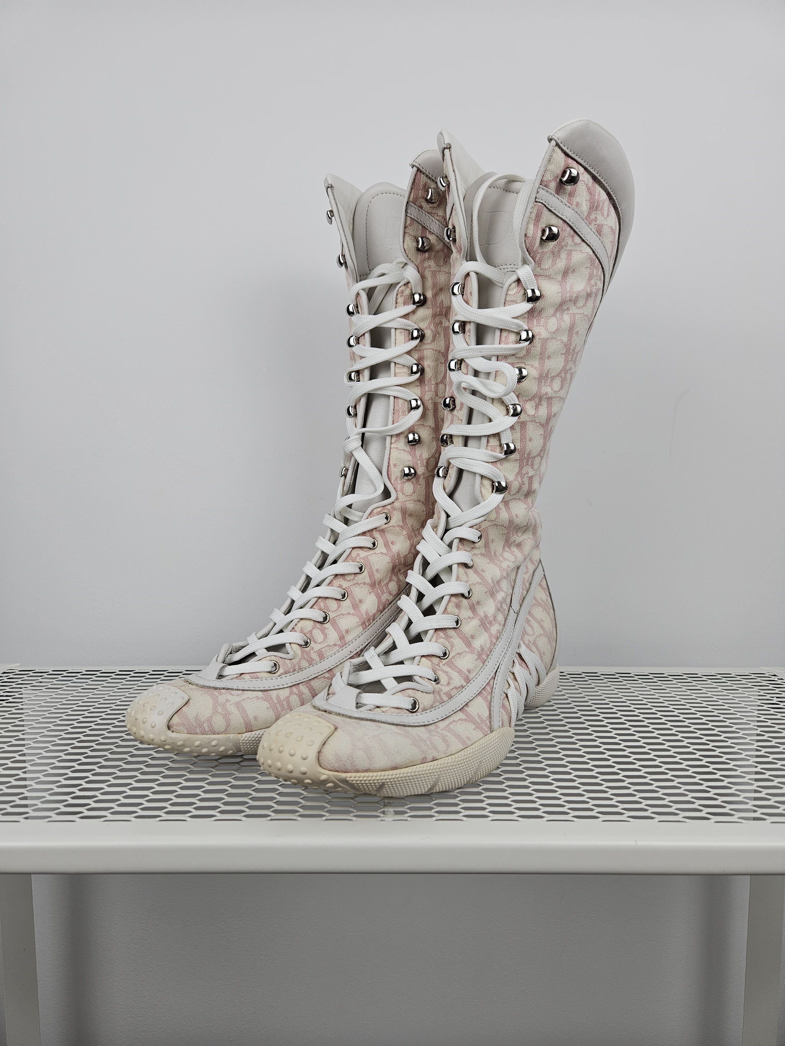 Dior Vintage y2k dior monogram knee height lace up boots Size US 7 / IT 37 - 2 Thumbnail