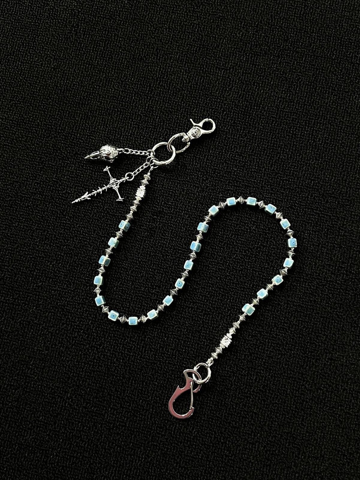 Jewelry Blue Beaded Chain Wallet Accessory with Silver Charms Size ONE SIZE - 6 Thumbnail