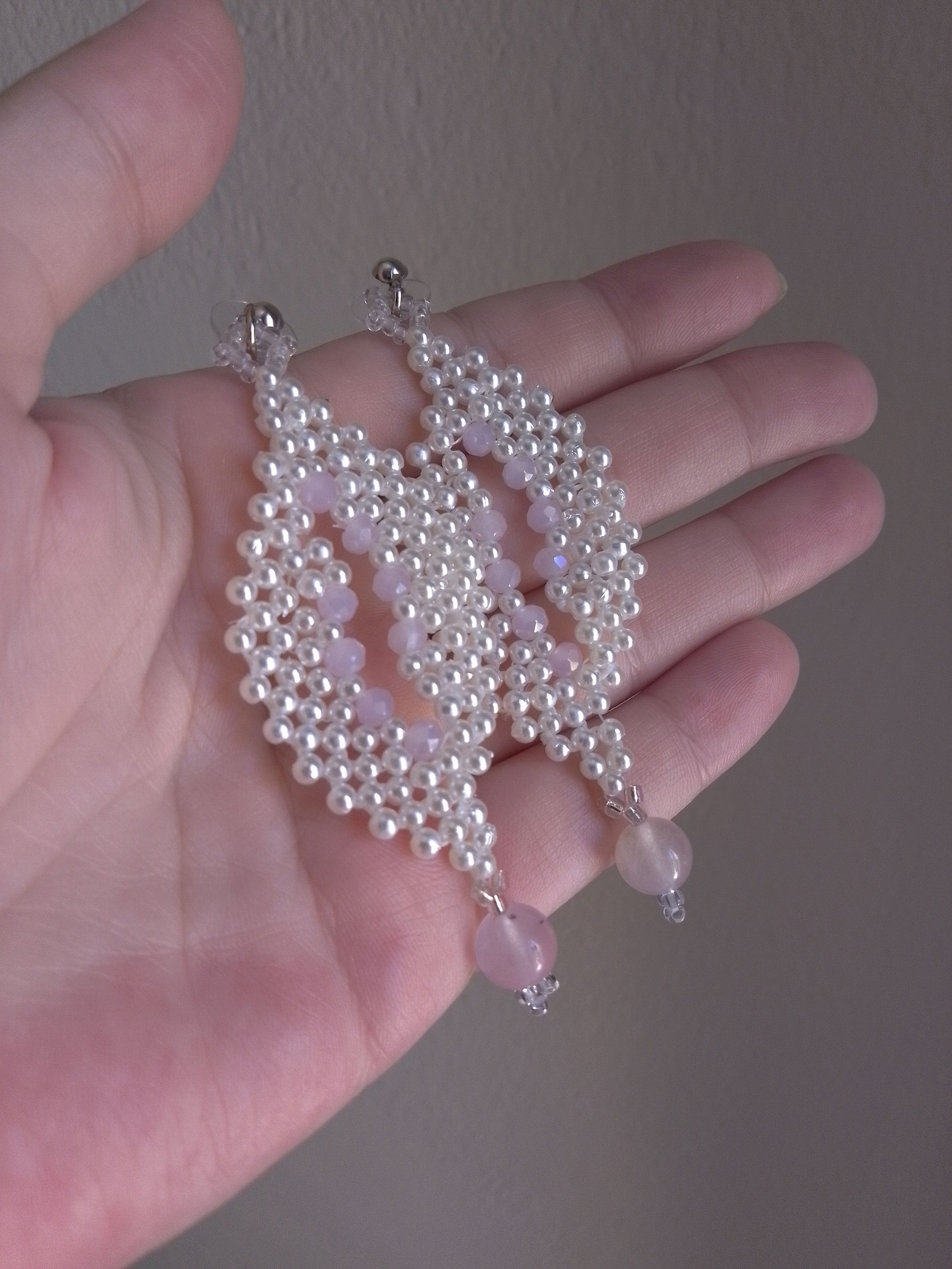 Handmade Dangling pearls earrings with natural rose quartz gemstones Size ONE SIZE - 6 Thumbnail