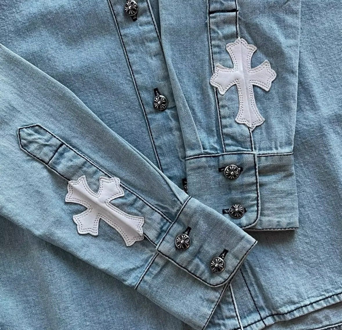 Chrome Hearts White leather cross patch denim jacket Size US S / EU 44-46 / 1 - 3 Thumbnail