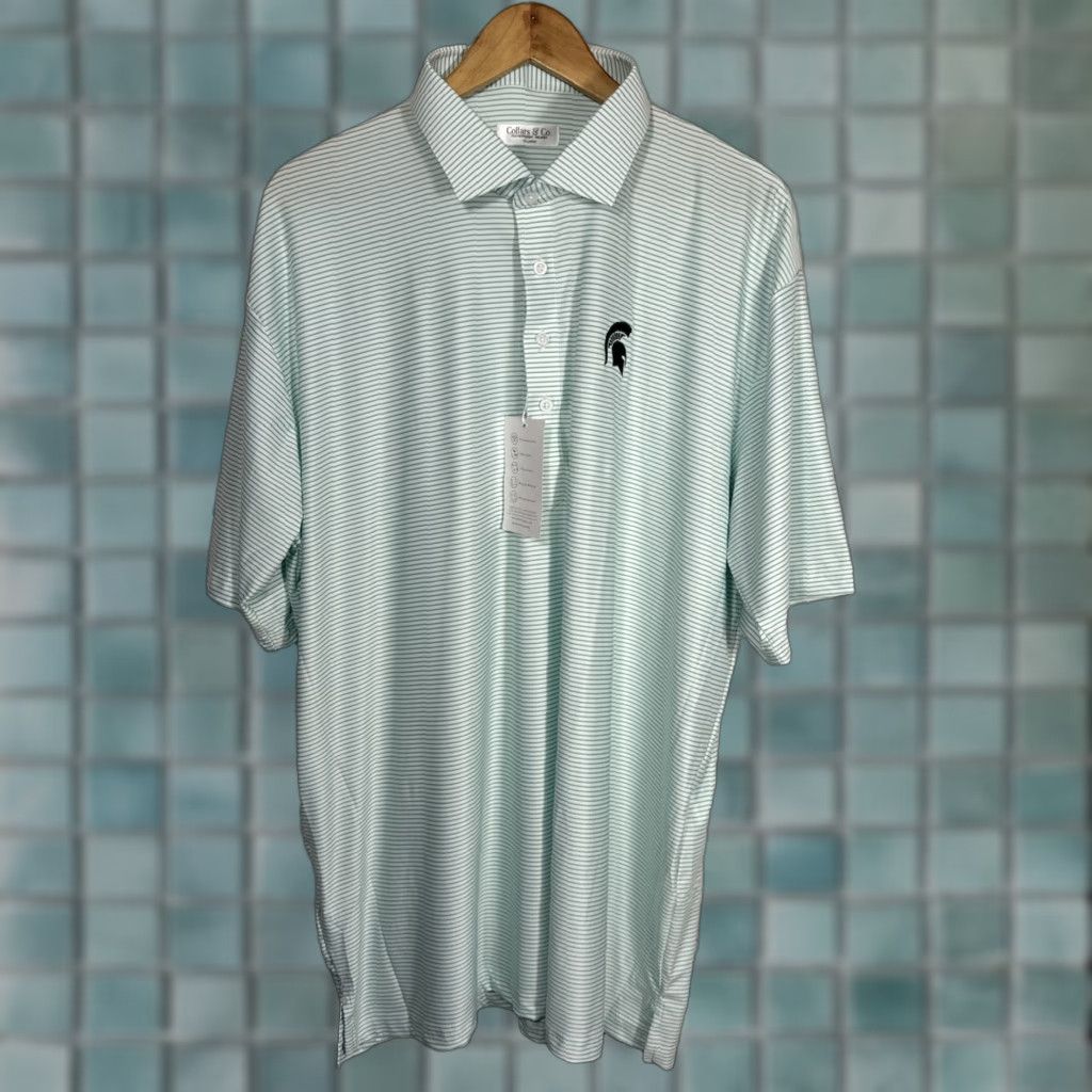 CO Collars & Co Featherweight 2XL Relaxed Dress Collar Polo Michigan State Men Polo Green 2XL Striped Golf Size US XXL / EU 58 / 5 - 1 Thumbnail