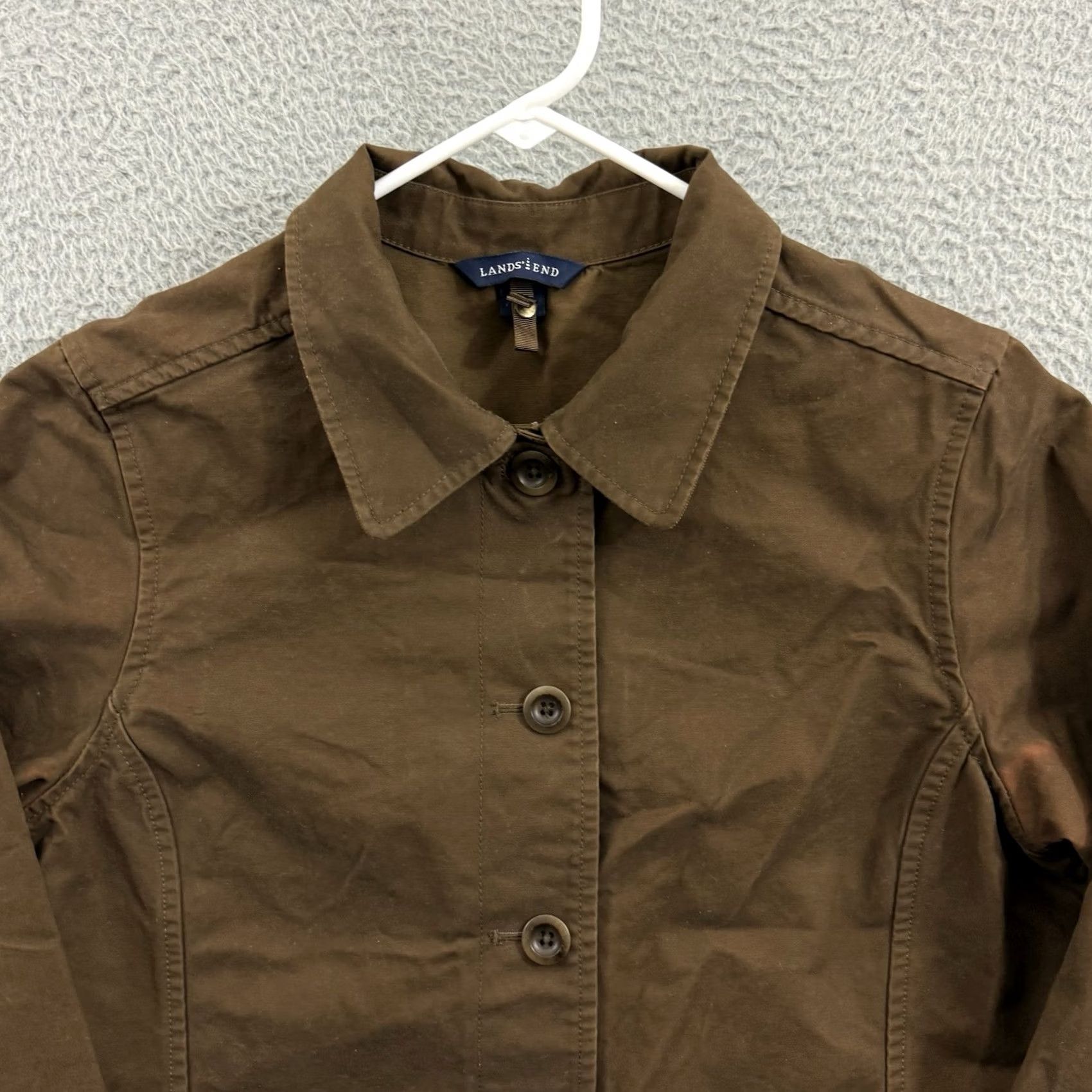 Lands' End Lands' End Jacket Womens Small Brown Waxed Chore Utility Button Outdoor Barn Cotton Canvas Belted Lined Mid-Length Long Sleeve Classic Fit Size S / US 4 / IT 40 - 3 Thumbnail