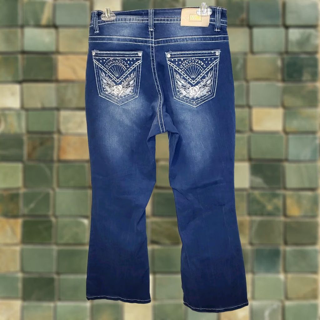 Vintage Vintage Y2K Angel Jeans Flare Dark Wash Bling Pockets Hippie Street 90s Size 28" / US 6 / IT 42 - 1 Thumbnail