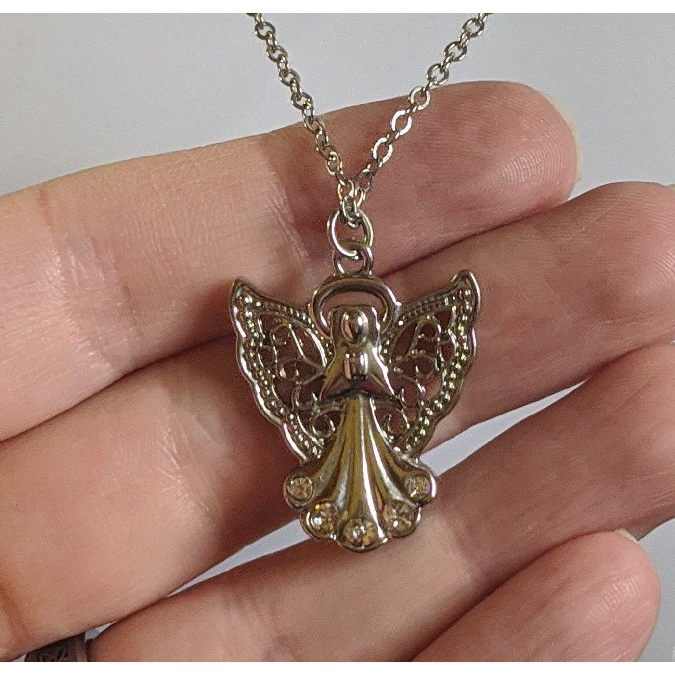 Other Religious Angel Pendant Necklace Silver Tone With Rhinestone Size ONE SIZE - 2 Thumbnail