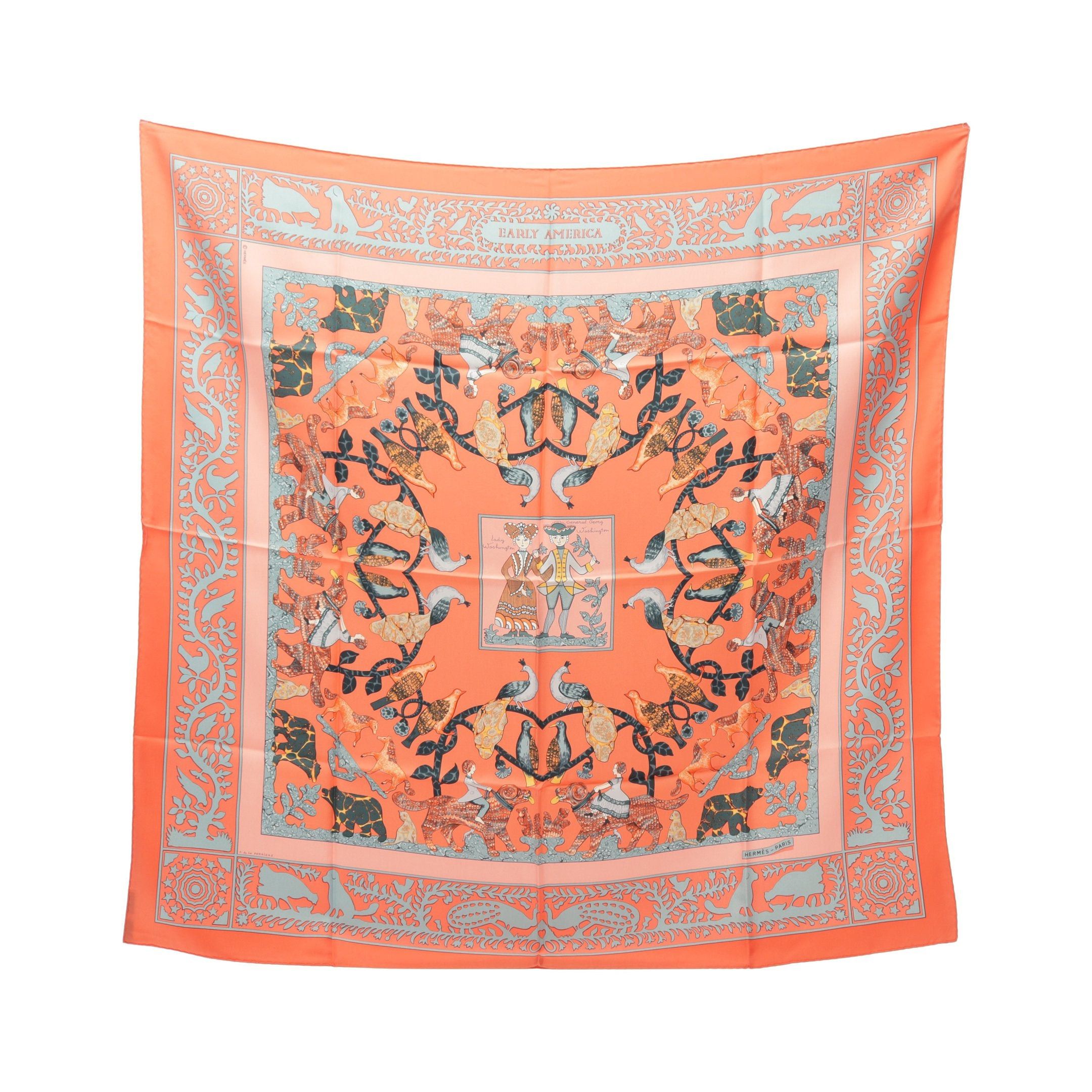 Hermes Hermes Carres 90 Early America Scarf Silk Coral Orange Multicolor Size ONE SIZE - 1 Thumbnail