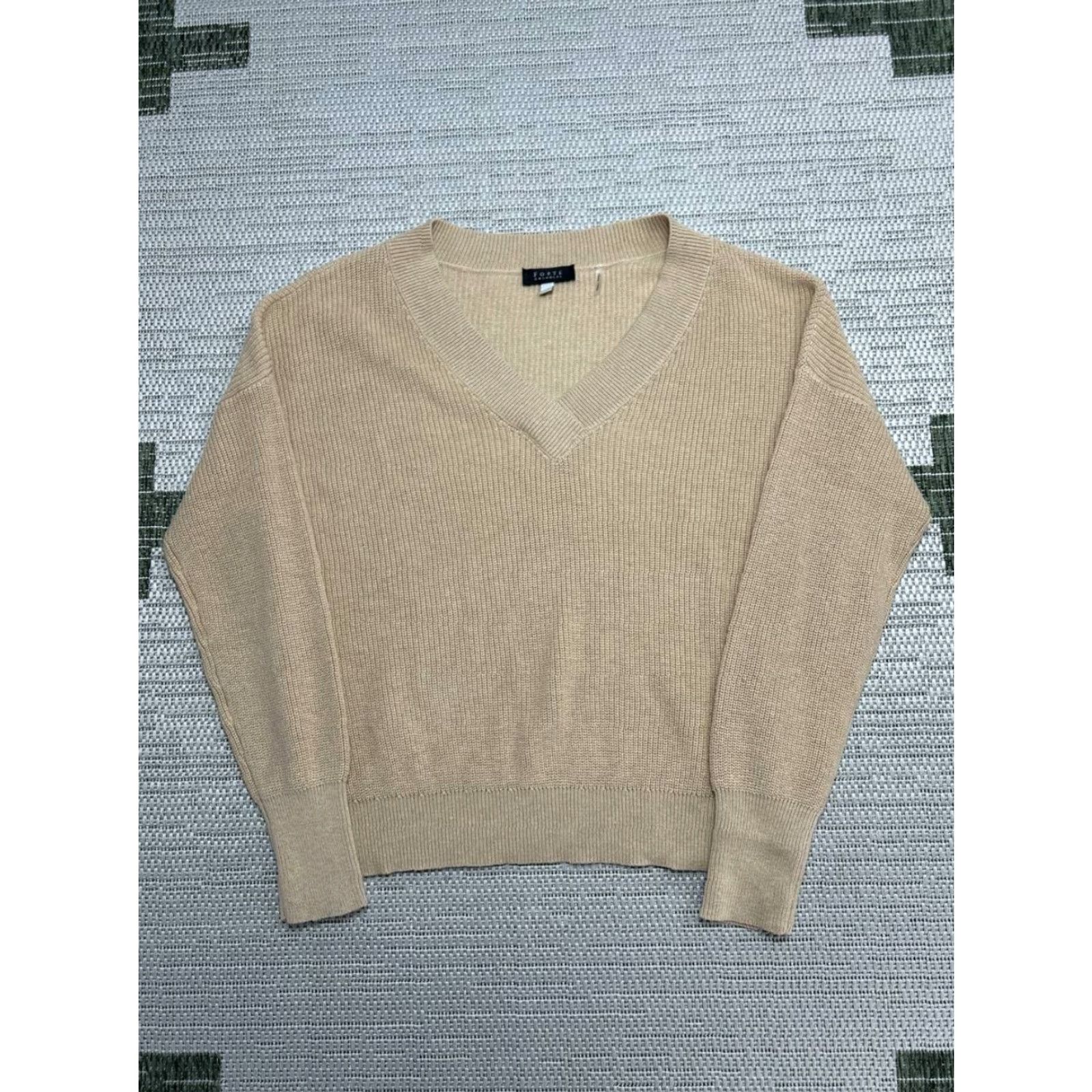 Vintage Forte Cashmere Sweater Womens Large Beige Cotton V Neck Tight Knit Ribbed Winter Size L / US 10 / IT 46 - 2 Thumbnail
