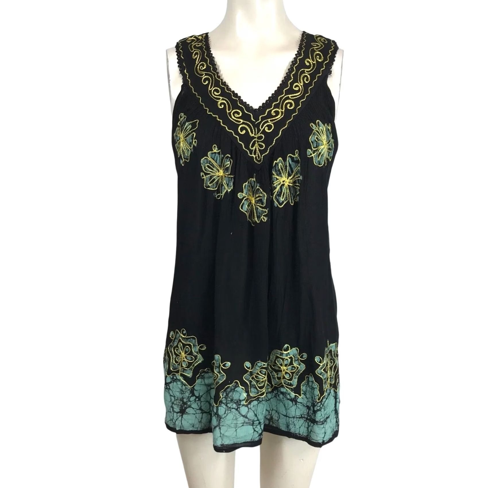 Vintage Sakkas Woman's Free Size Black/Mint Sleeveless V-Neck 100% Cotton Top Blouse Shirt Womens Adjustable Size One Size Casual Floral Summer Size ONE SIZE - 2 Thumbnail