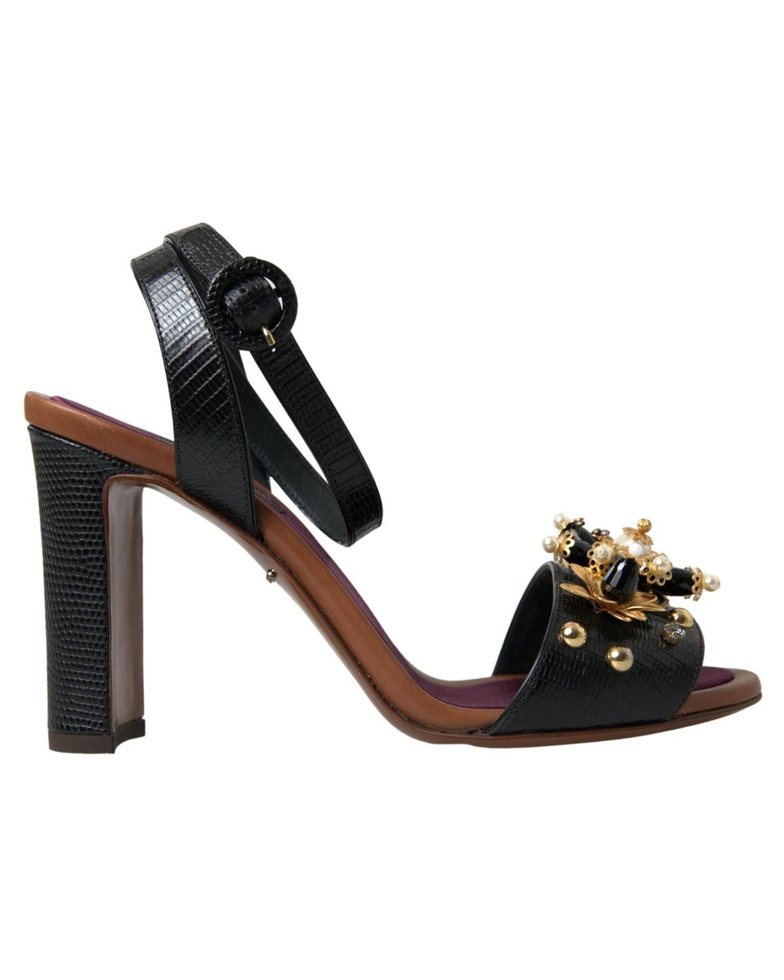 image of Dolce Gabbana Embellished Leather Sandals in Black, Women's (Size 8)