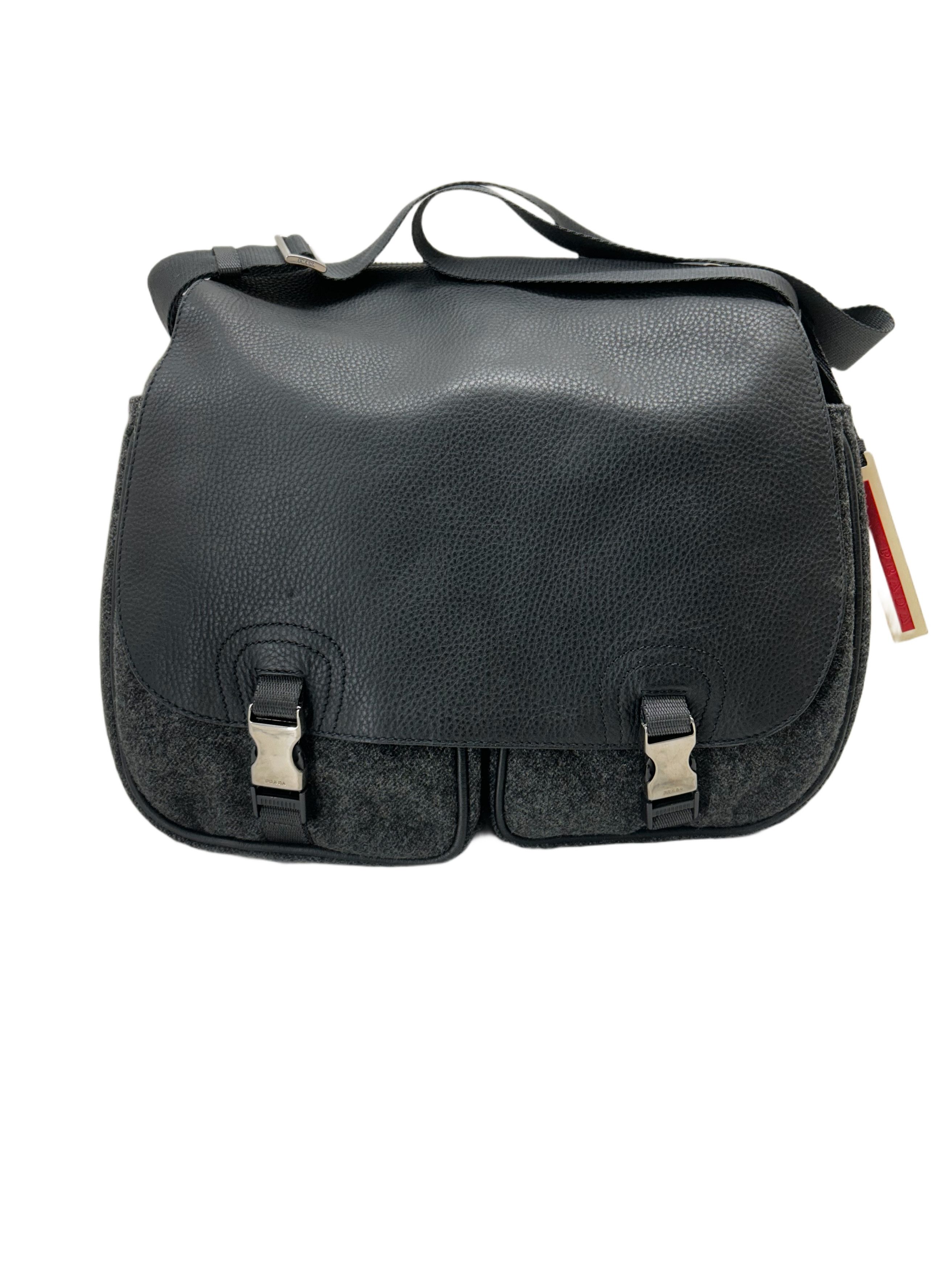 Prada Prada Linea Rossa Grey Wool With Black grainLeatherFlap&Clip Size ONE SIZE - 1 Thumbnail